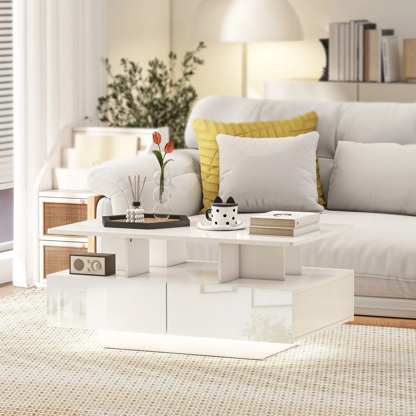 RGB LED Coffee Table with 4 Drawers, High Gloss White