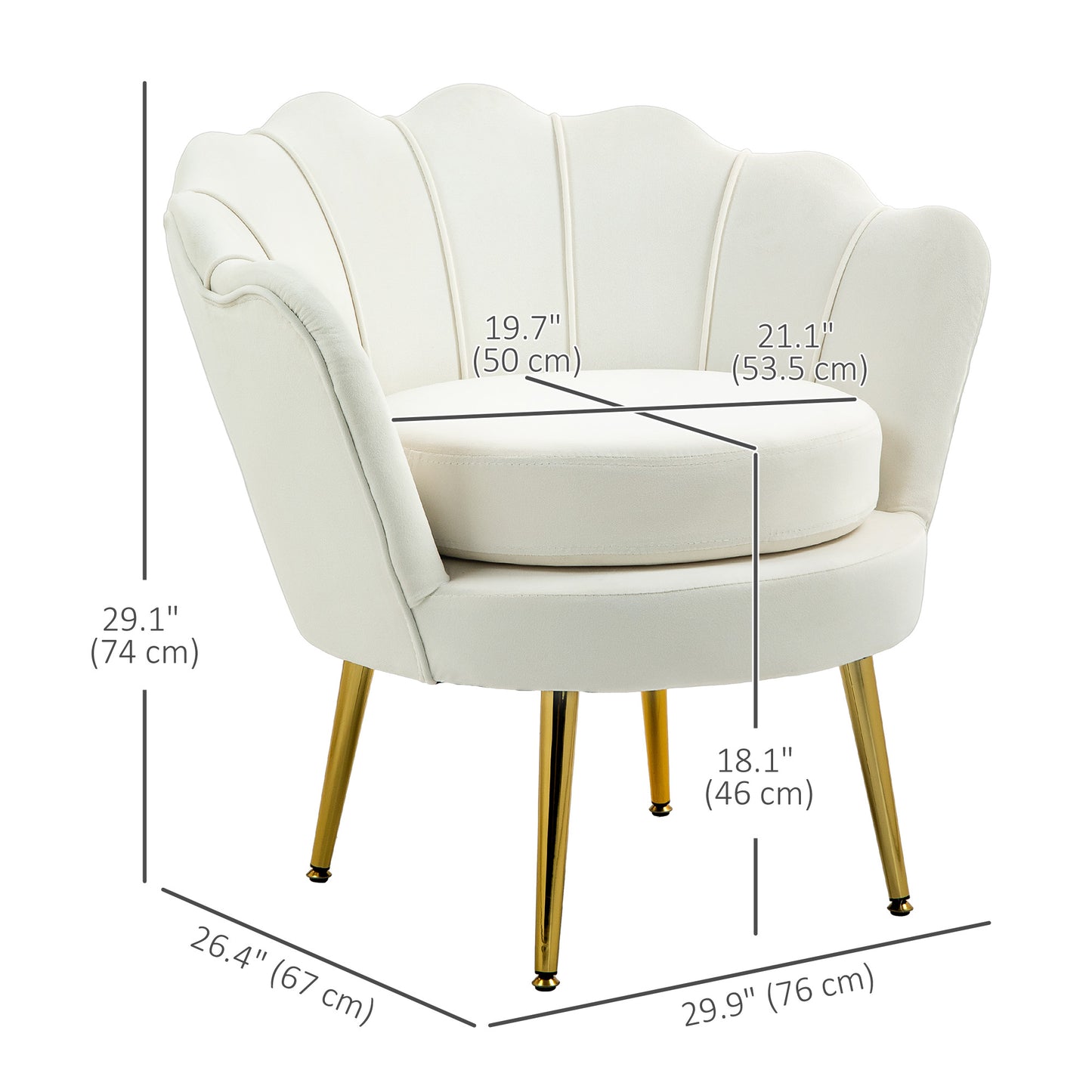 Modern Velvet Accent Chair with Lotus Backrest and Gold Legs, Cream White