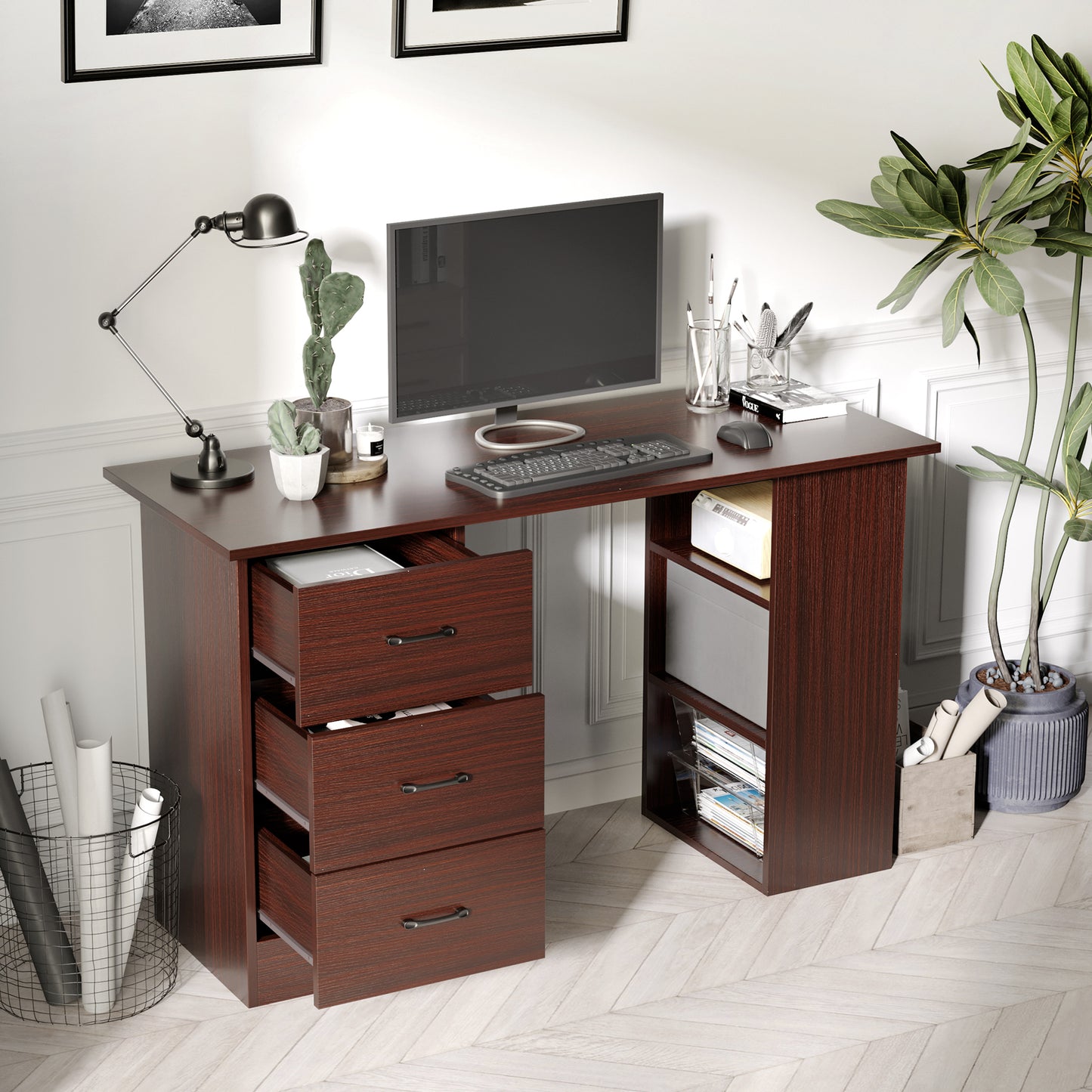 Home Office Desk with Storage Shelves & Drawers