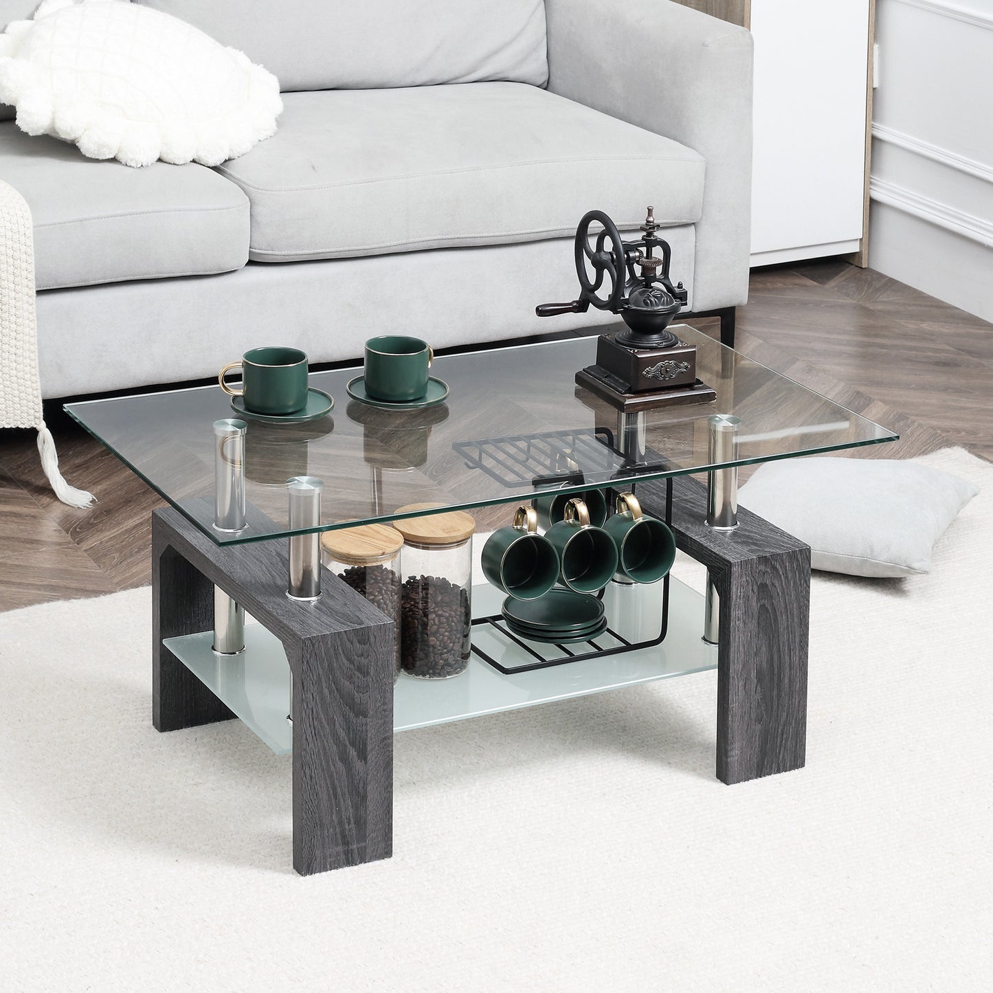 Modern Rectangular Coffee Table with Tempered Glass - Grey