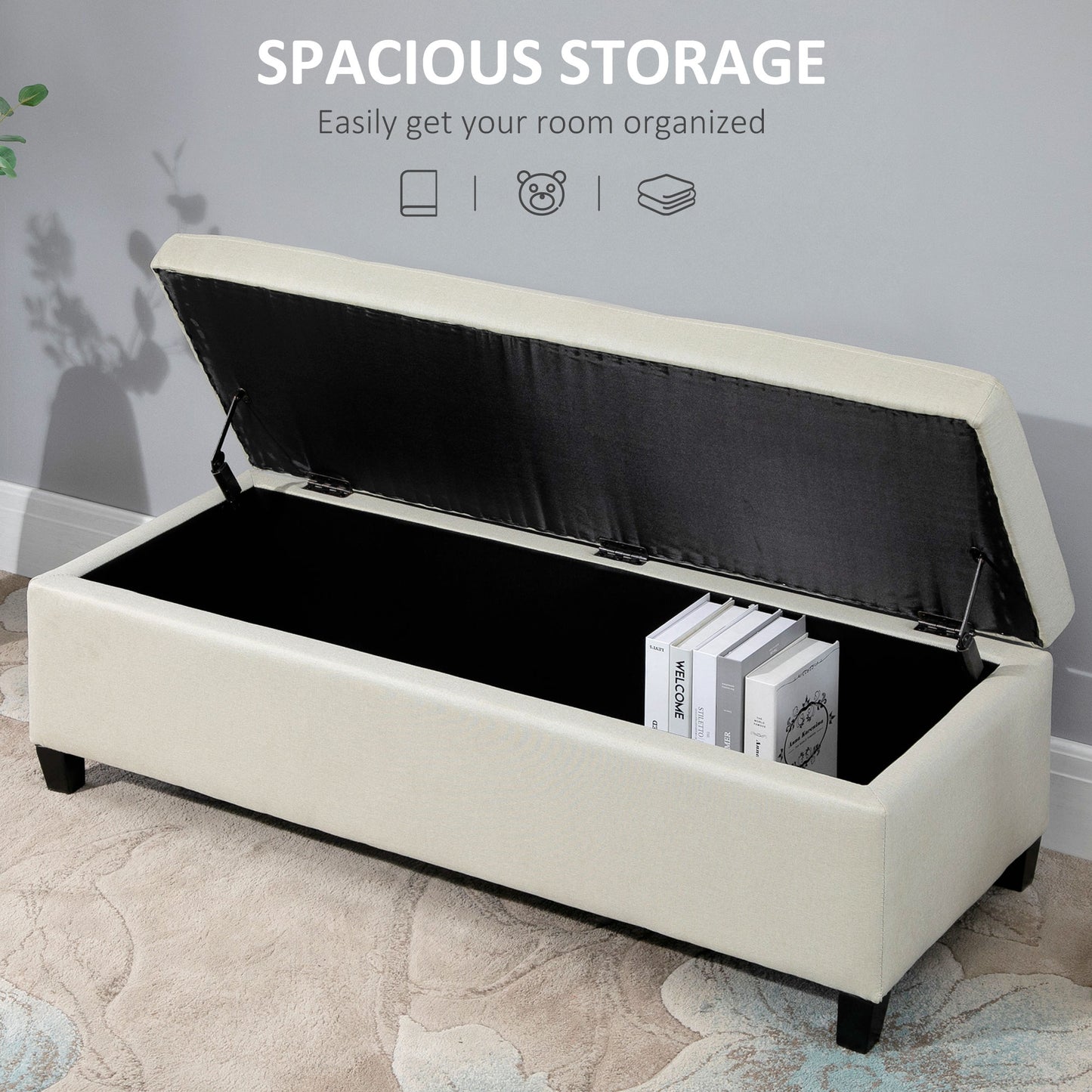Rectangular Tufted Storage Bench with Wood Feet, Beige