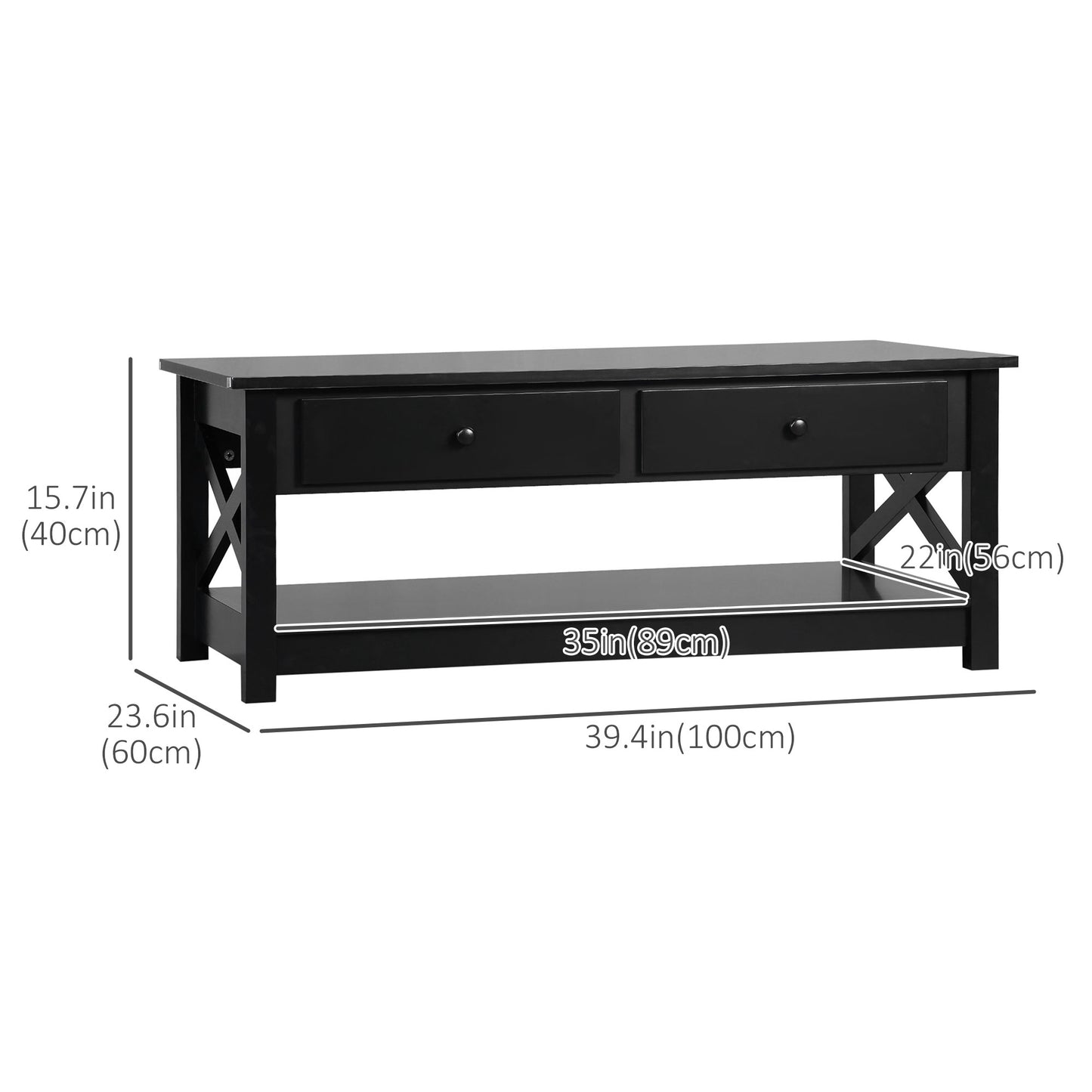 Farmhouse Coffee Table with Drawers and X-Frame, Black