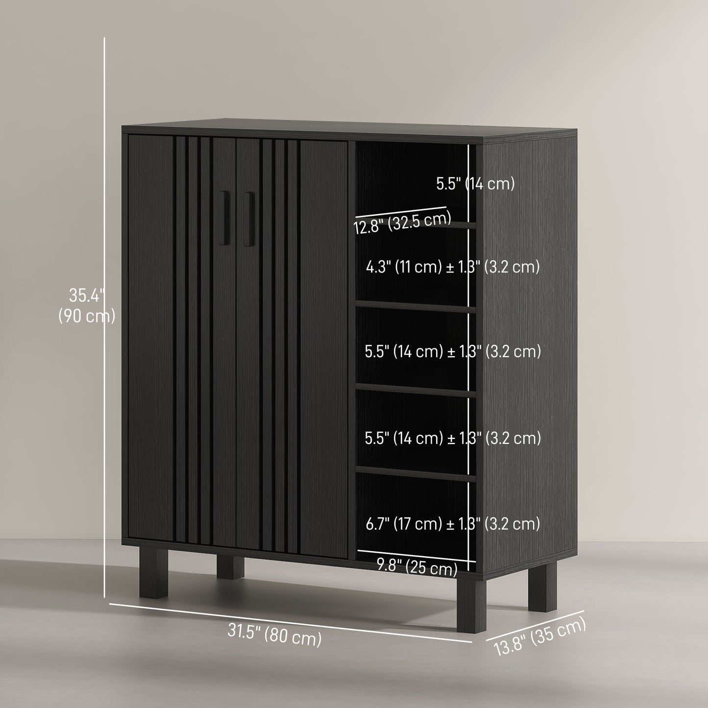 17 Pair Shoe Storage Cabinet with Double Doors and Open Shelves, Black