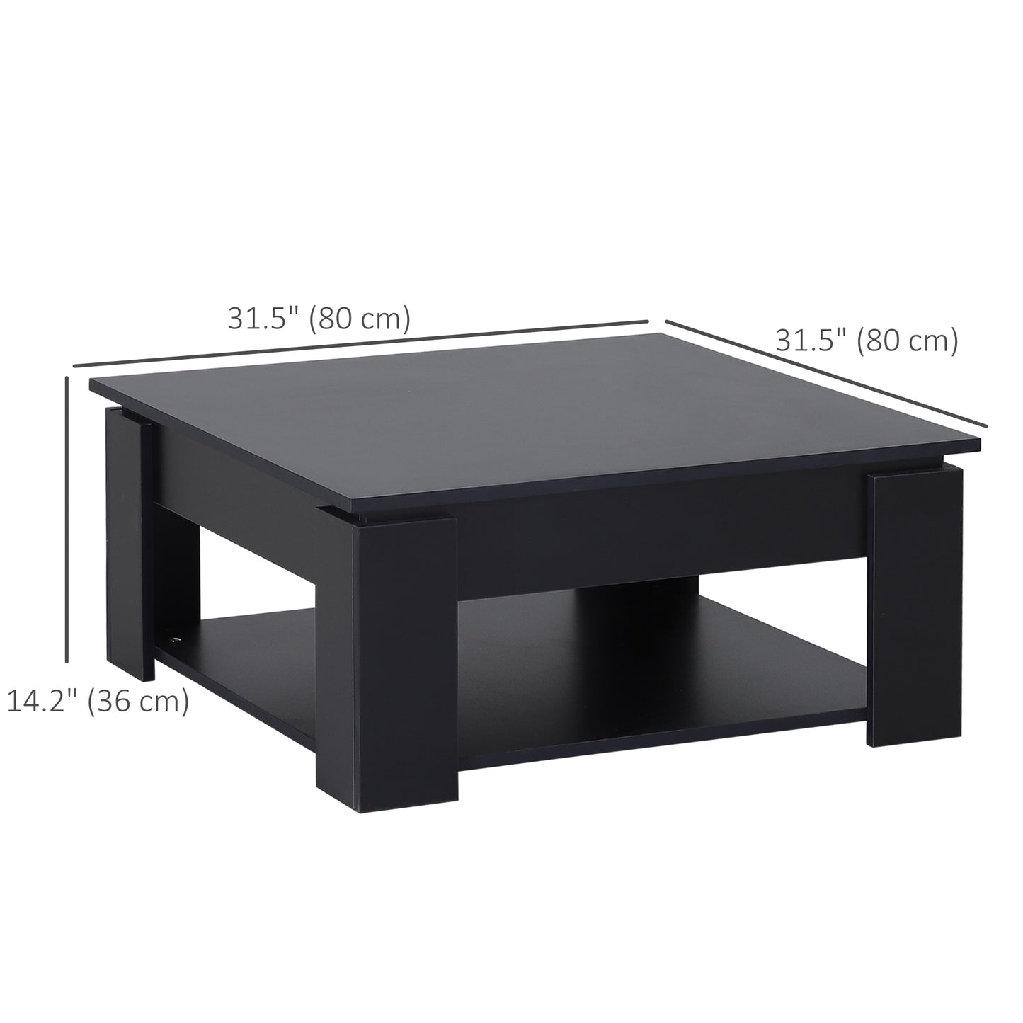 Modern Square Coffee Table with Storage Shelf - Black