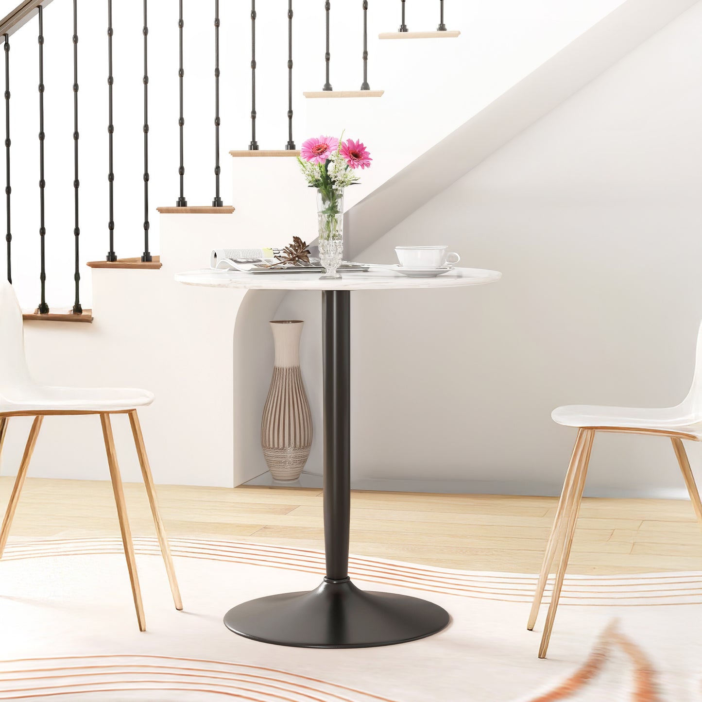 Round Dining Table with Steel Pedestal Base - White Marble
