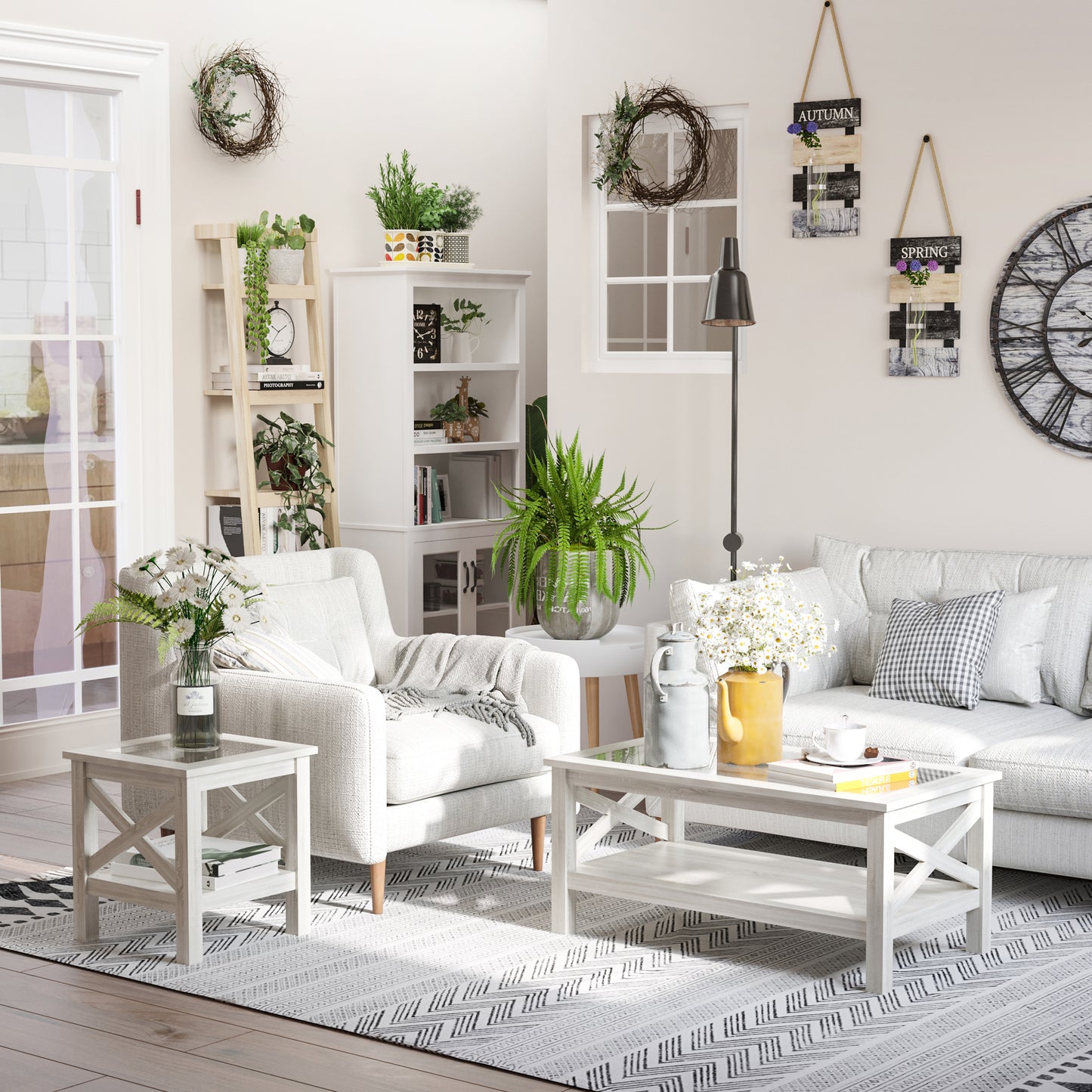 Farmhouse Glass Top Coffee Table with X-Frame Design - White Oak