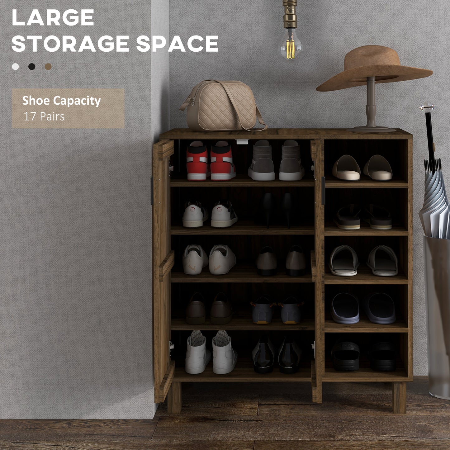 17 Pair Shoe Storage Cabinet with Double Doors and Open Shelves, Walnut