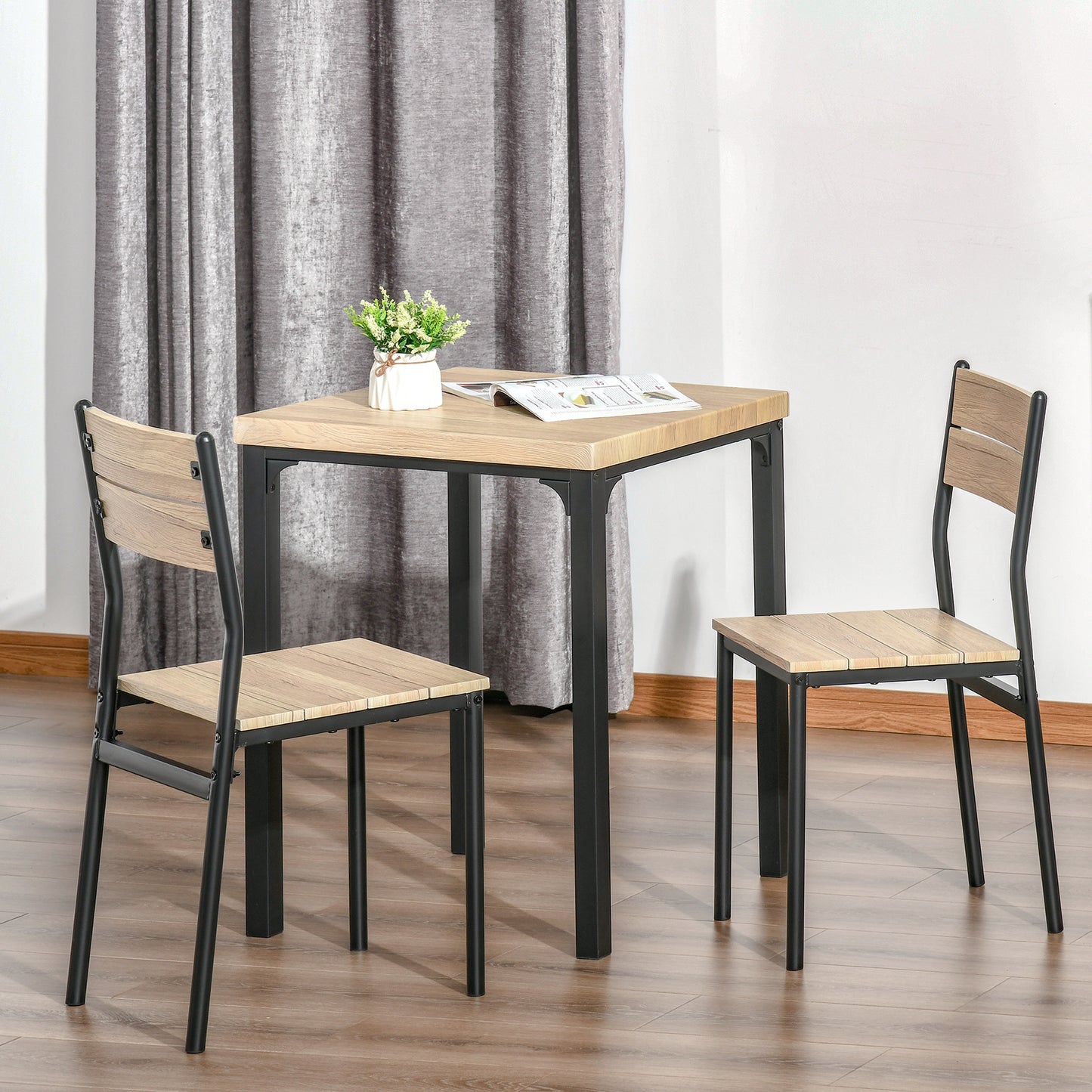 3-Piece Wooden Dining Set with Industrial Metal Frame - Natural Wood