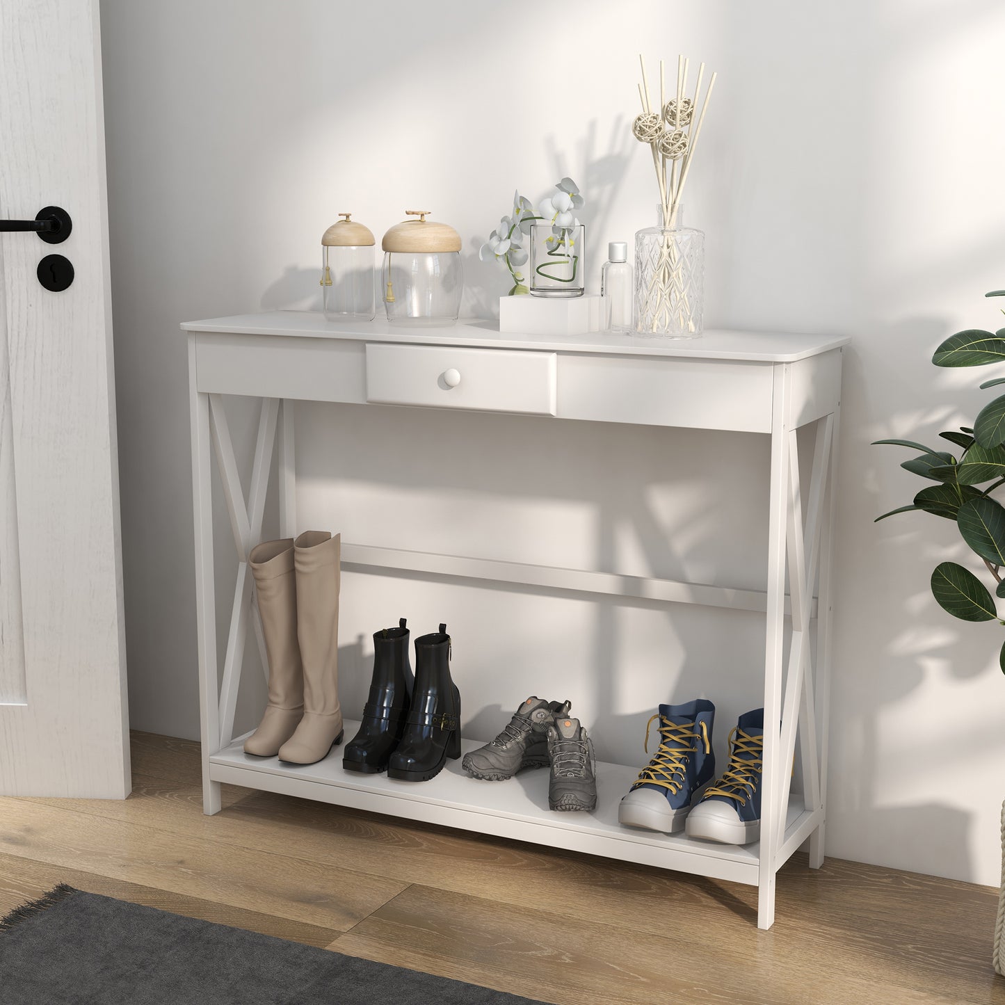 39" X-Design Console Table with Drawer and Storage Shelf, White