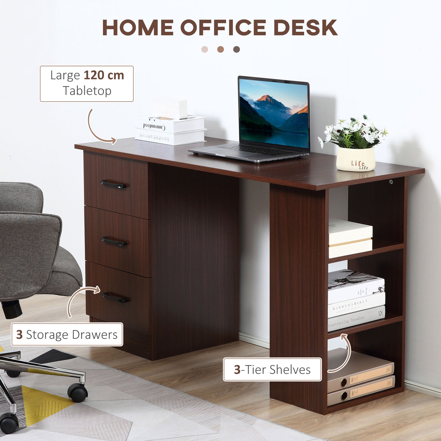 Home Office Desk with Storage Shelves & Drawers