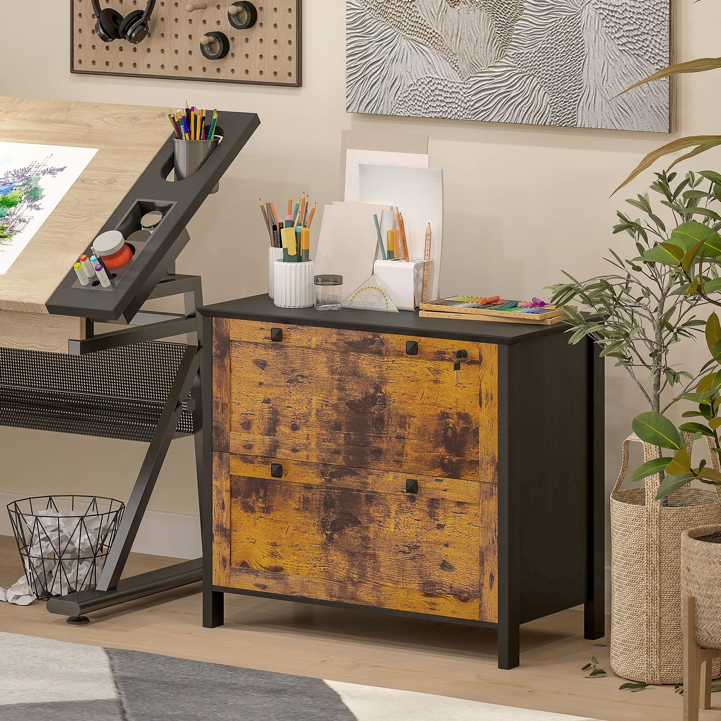 2-Drawer Wooden File Cabinet with Lock - Rustic Brown