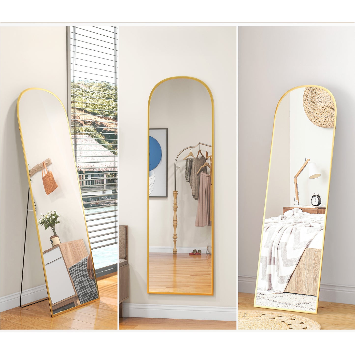 Arched Full Length Mirror with Gold Frame, 64" x 20", Versatile Standing or Wall Mount
