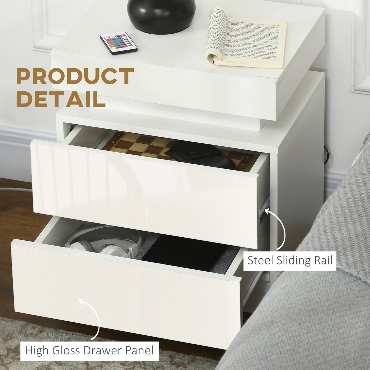 LED Nightstand with Remote Control and 2 Drawers, White