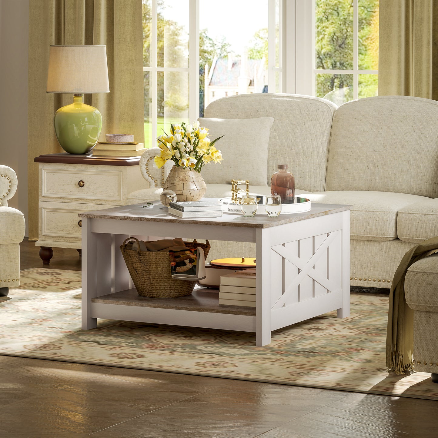 Farmhouse Square Coffee Table with X-Frame Design - Distressed Oak and Brown