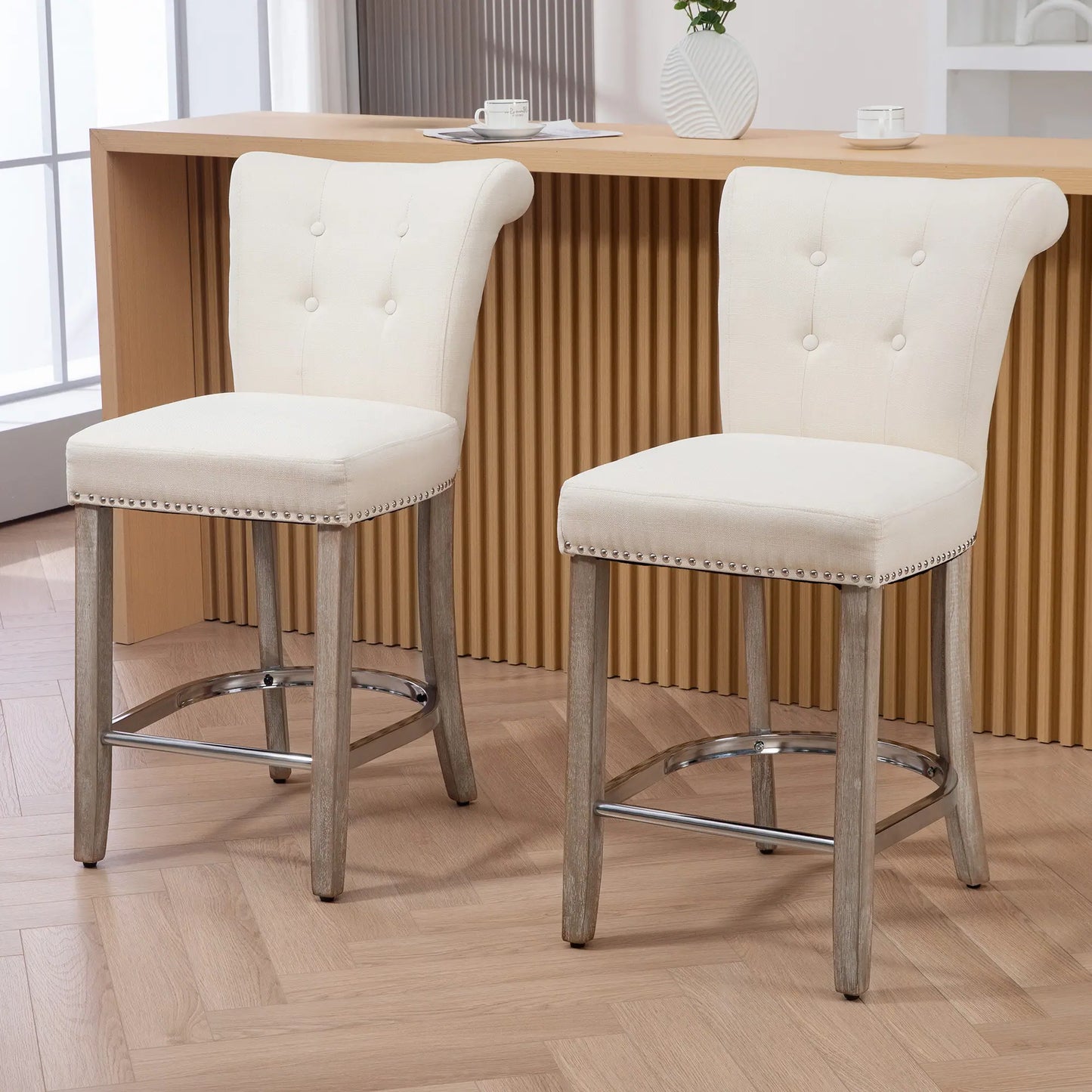 Upholstered Counter Stools with Button Tufted Back and Wood Legs, Cream White (Set of 2)