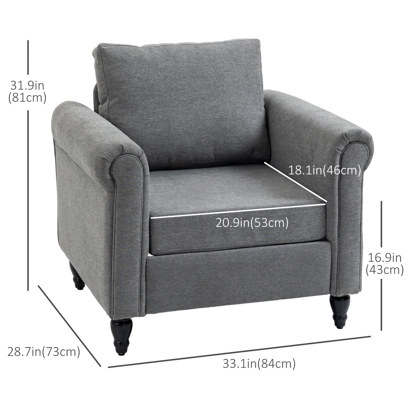 Vintage Armchair, Upholstered Accent Chair with Rolled Arms, Light Gray