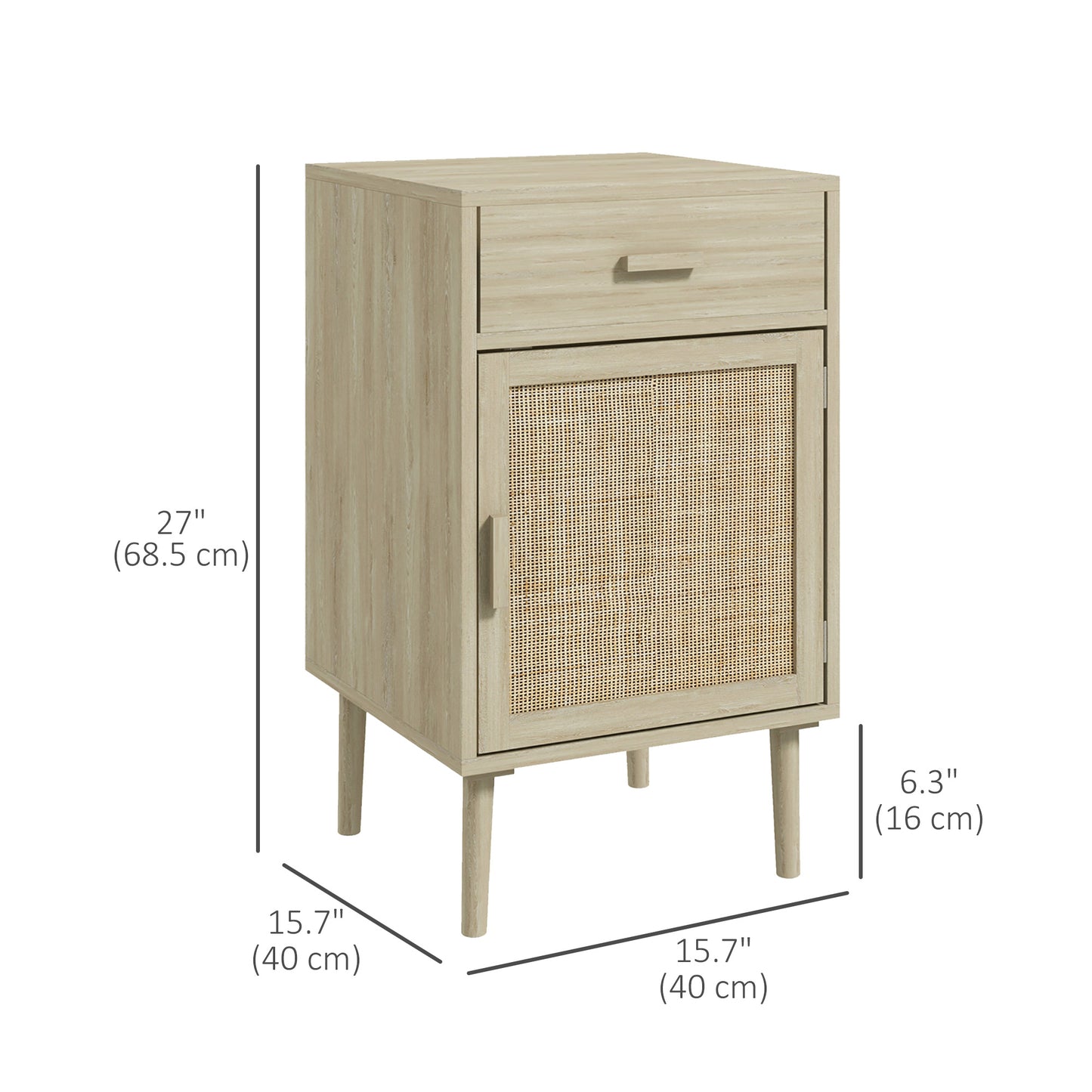 Boho Nightstands with Rattan Cabinet and Adjustable Shelf, Oak (Set of 2)