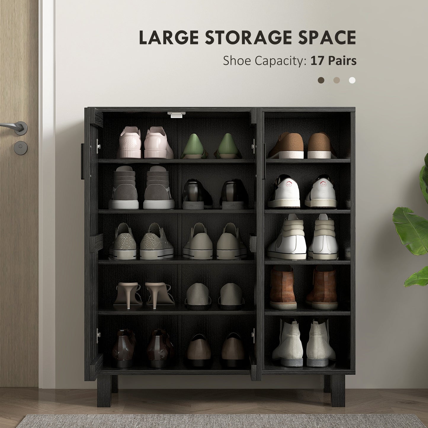 17 Pair Shoe Storage Cabinet with Double Doors and Open Shelves, Black