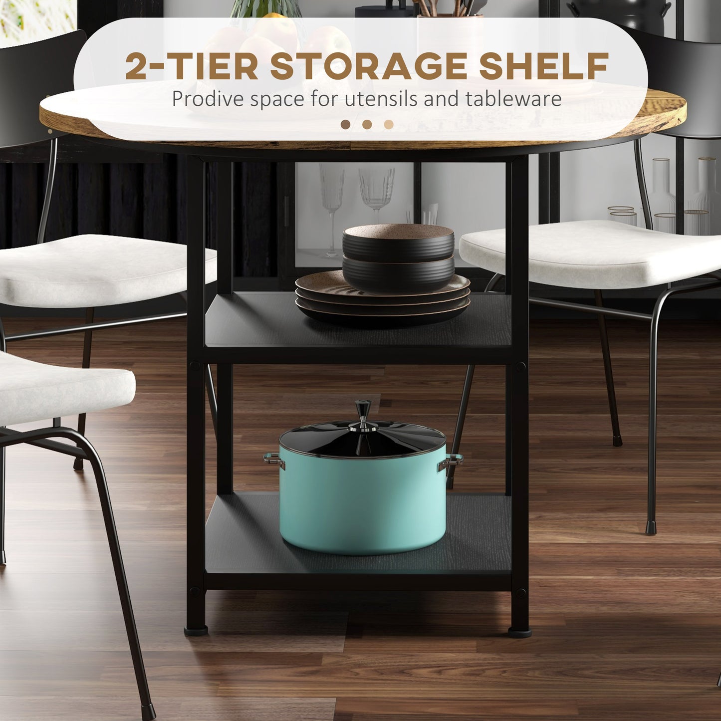 39" Round Industrial Dining Table with Storage Shelves for 4-6 People, Rustic Brown