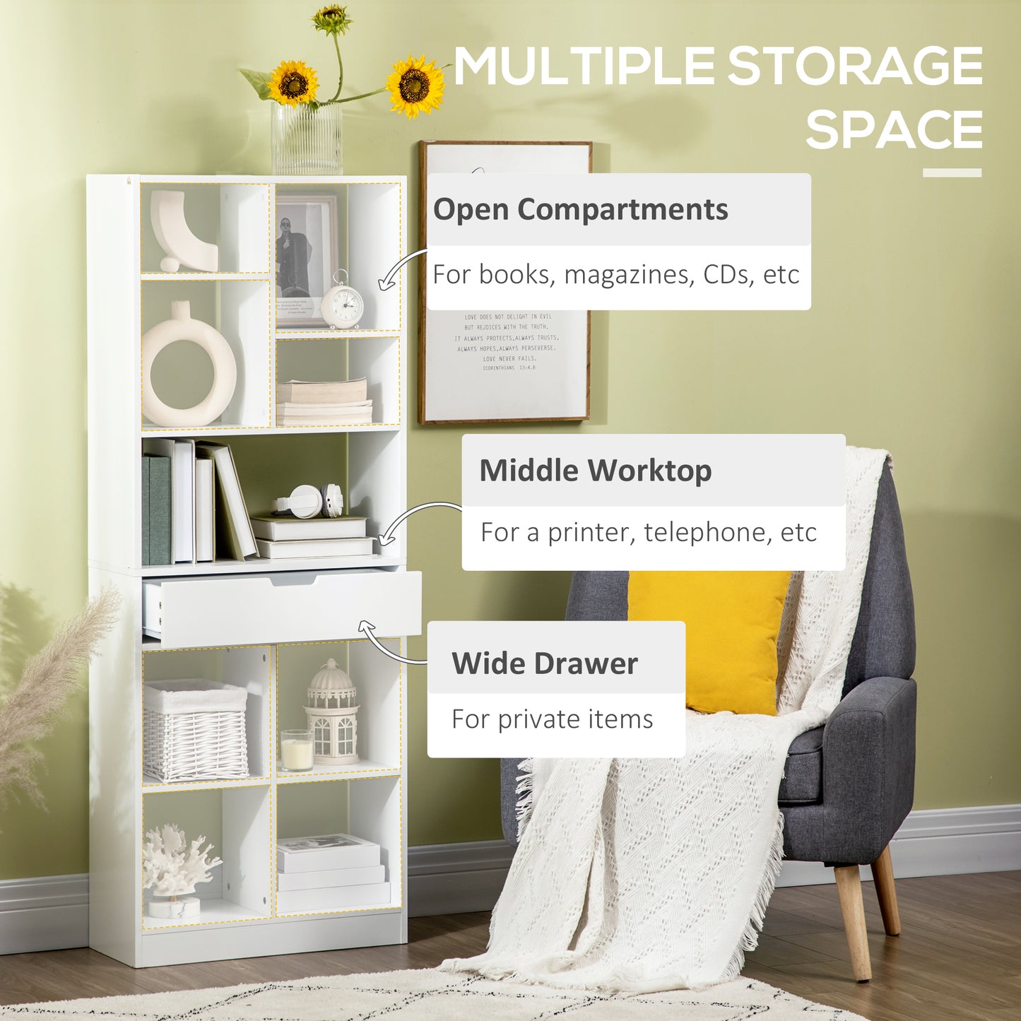 Tall Bookshelf with Drawer and Wide Worktop, White
