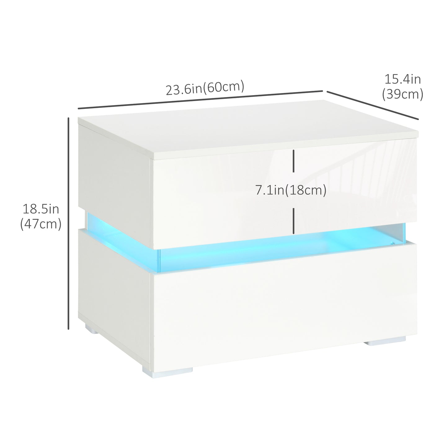 Large LED Nightstand with RGB Lighting and 2 Drawers, White