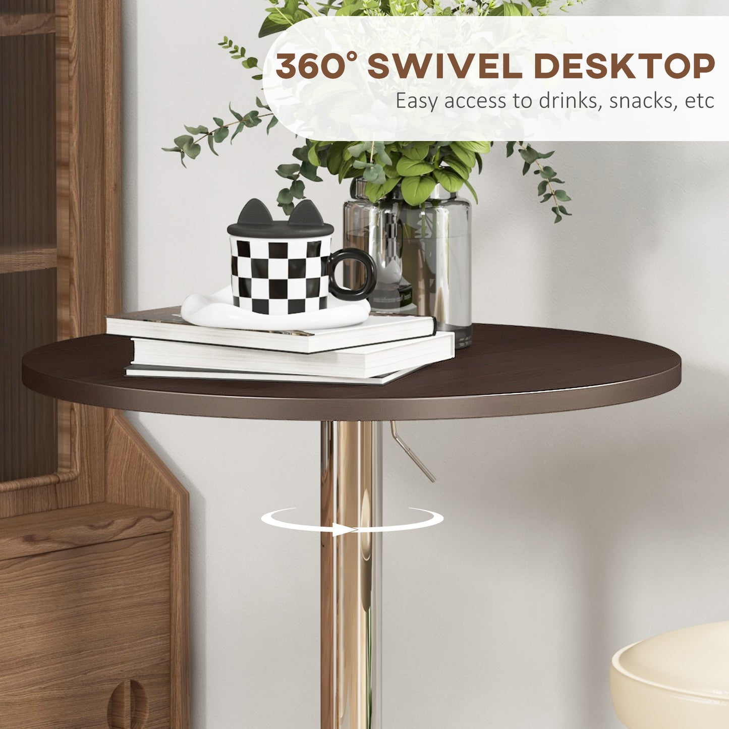Adjustable Height Bar Table with 360° Swivel Top for 2 People, Walnut