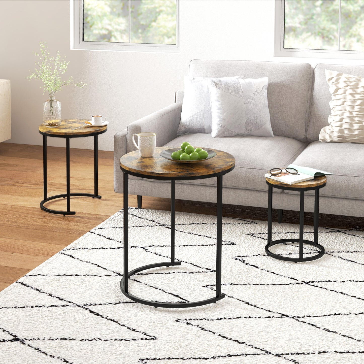 Round Nesting Coffee Table Set of 3 with Steel Frame - Rustic Brown