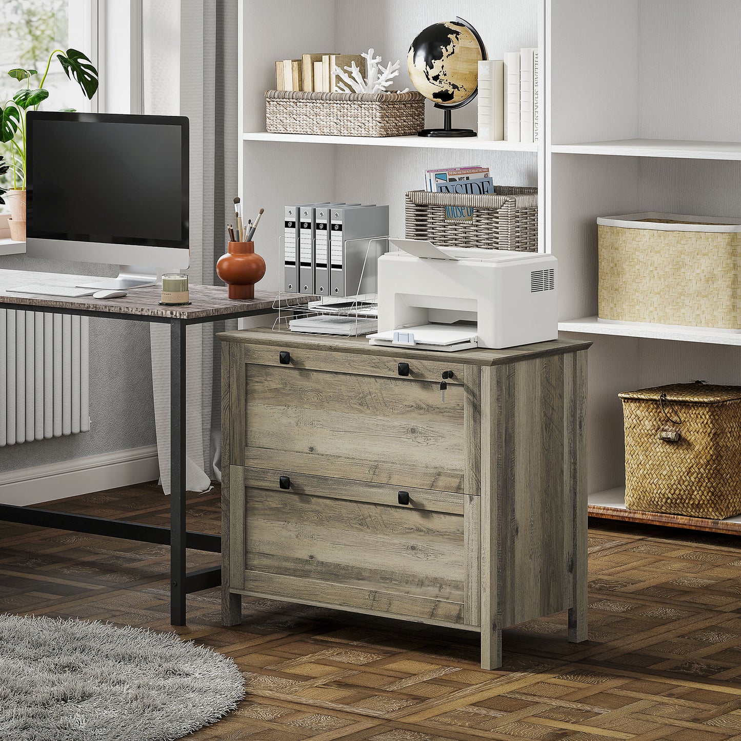 2-Drawer Wooden File Cabinet with Lock - Grey