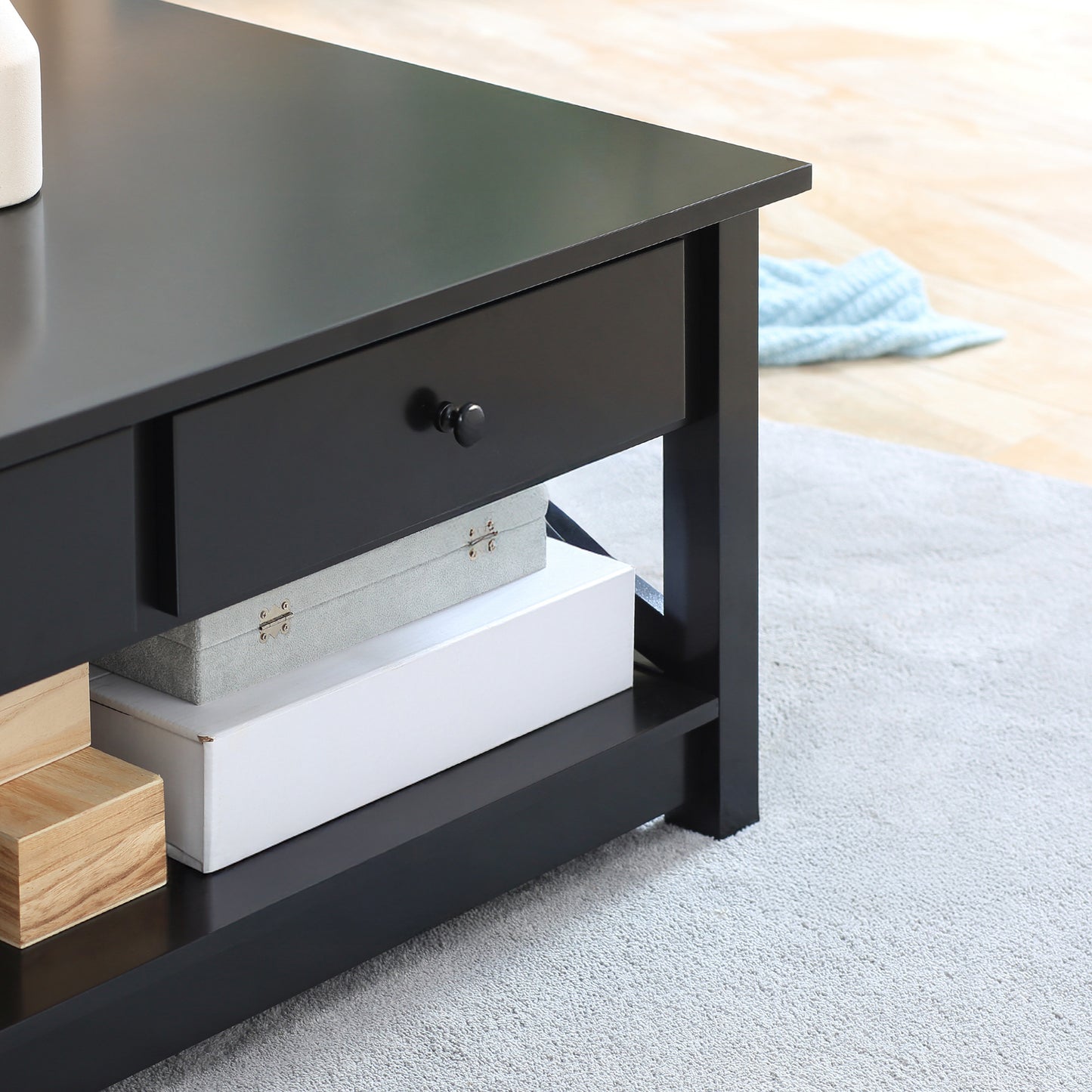 Farmhouse Coffee Table with Drawers and X-Frame, Black
