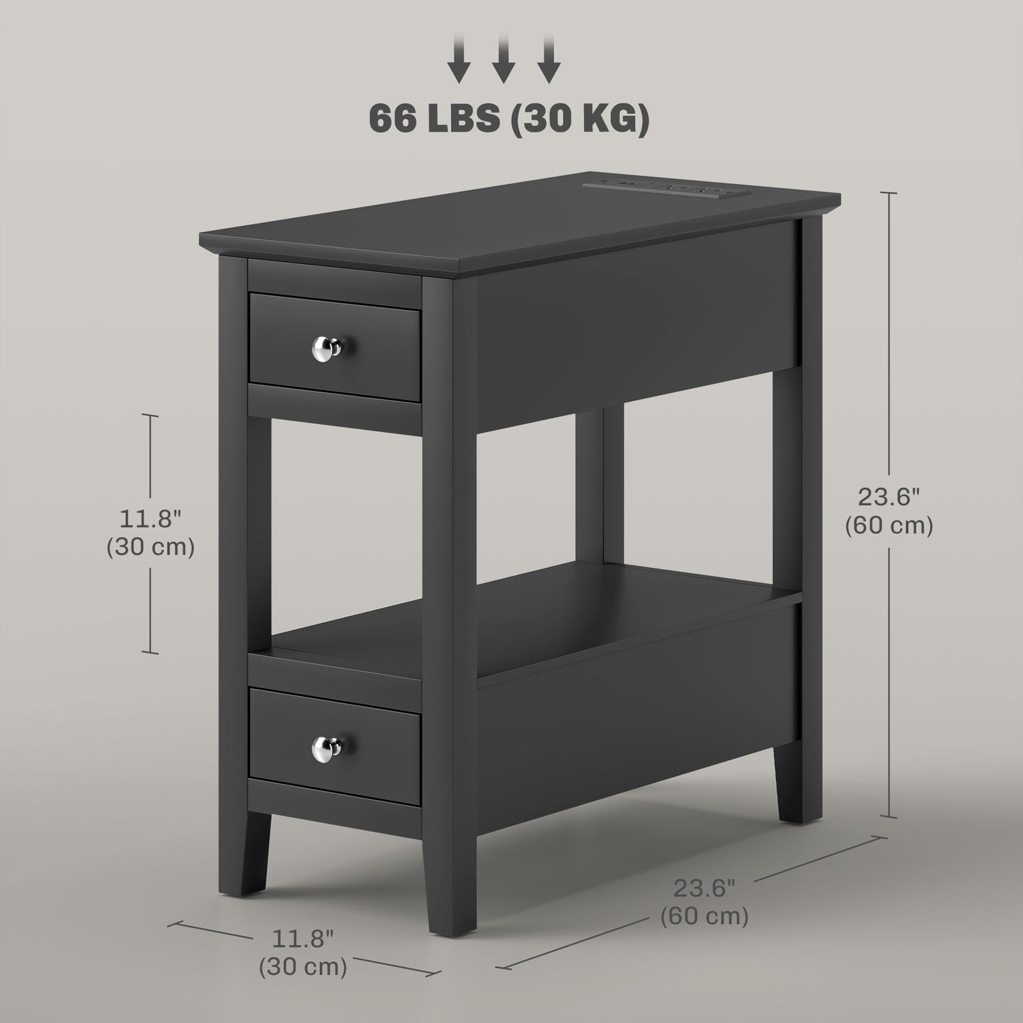 Narrow Side Table with Built-in Charging Station and USB Ports, Black