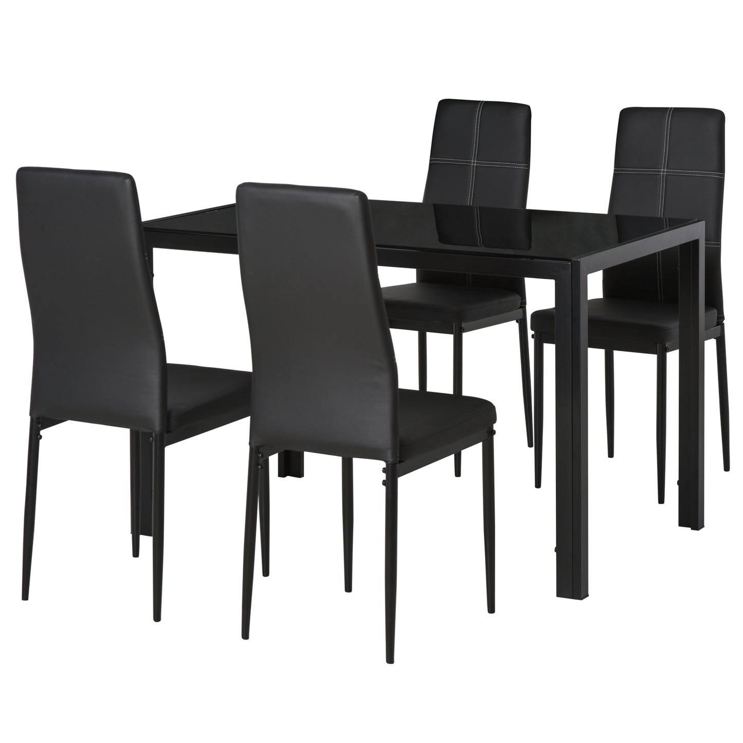 5-Piece Black Glass Dining Table Set with Faux Leather Chairs