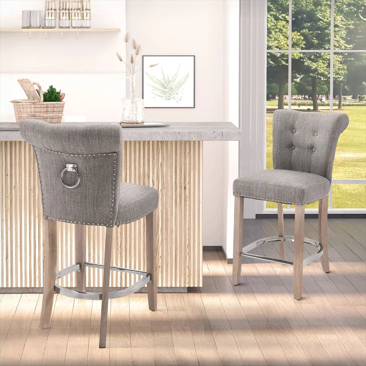 Upholstered Counter Stools with Button Tufted Back and Wood Legs, Gray (Set of 2)