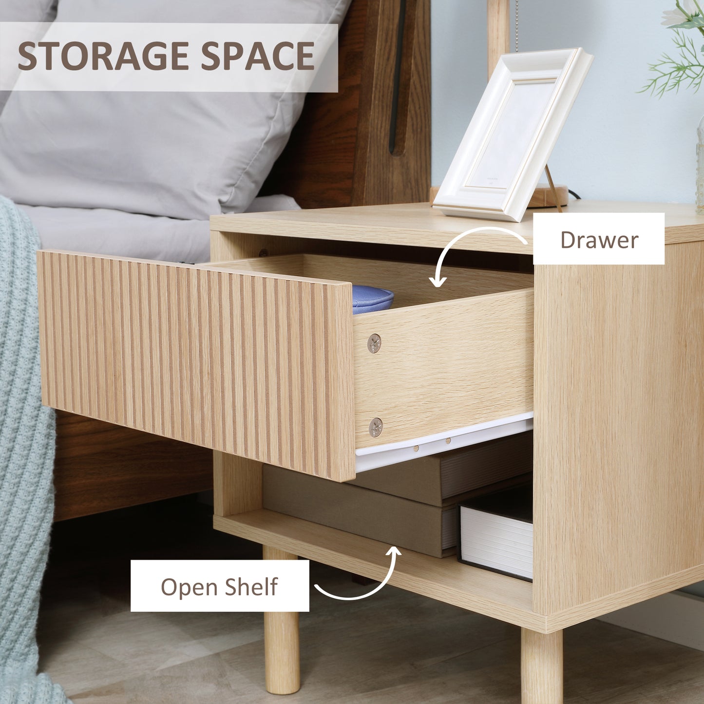 Modern Bedside Table with Drawer and Open Shelf, Natural Wood
