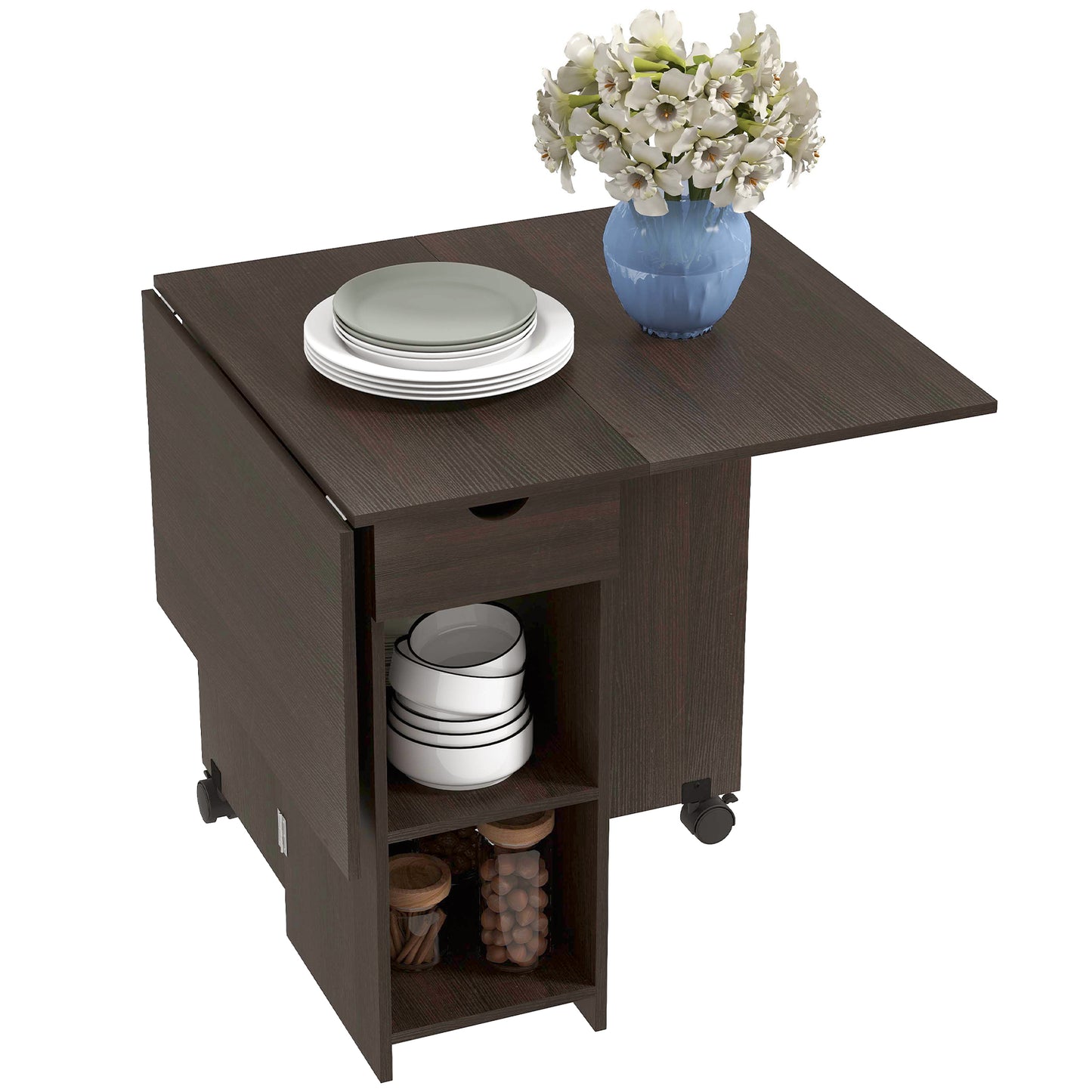Folding Dining Table with Drawer and Storage Shelves - Dark Brown
