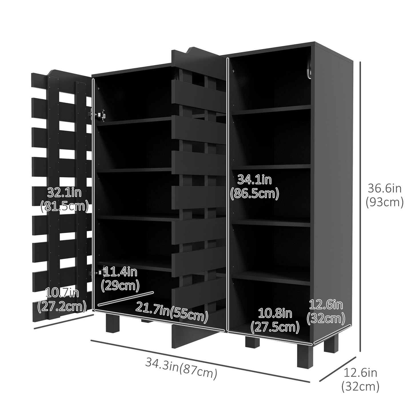 21 Pair Shoe Storage Cabinet with Double Doors and Open Shelves, Black