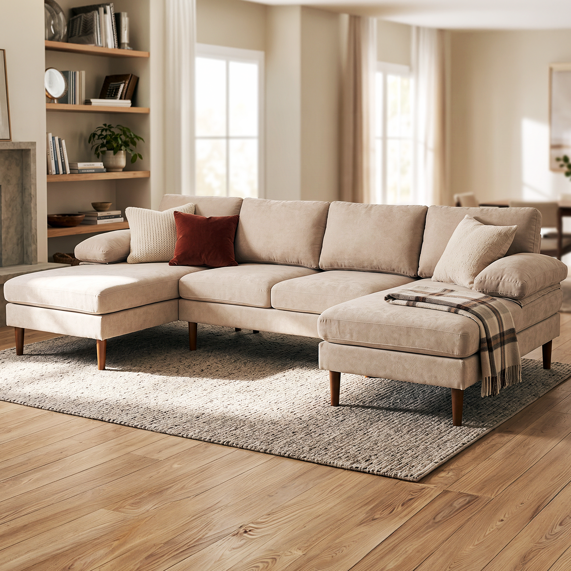 U-Shaped Sectional Sofa with Double Chaise Lounge, Beige