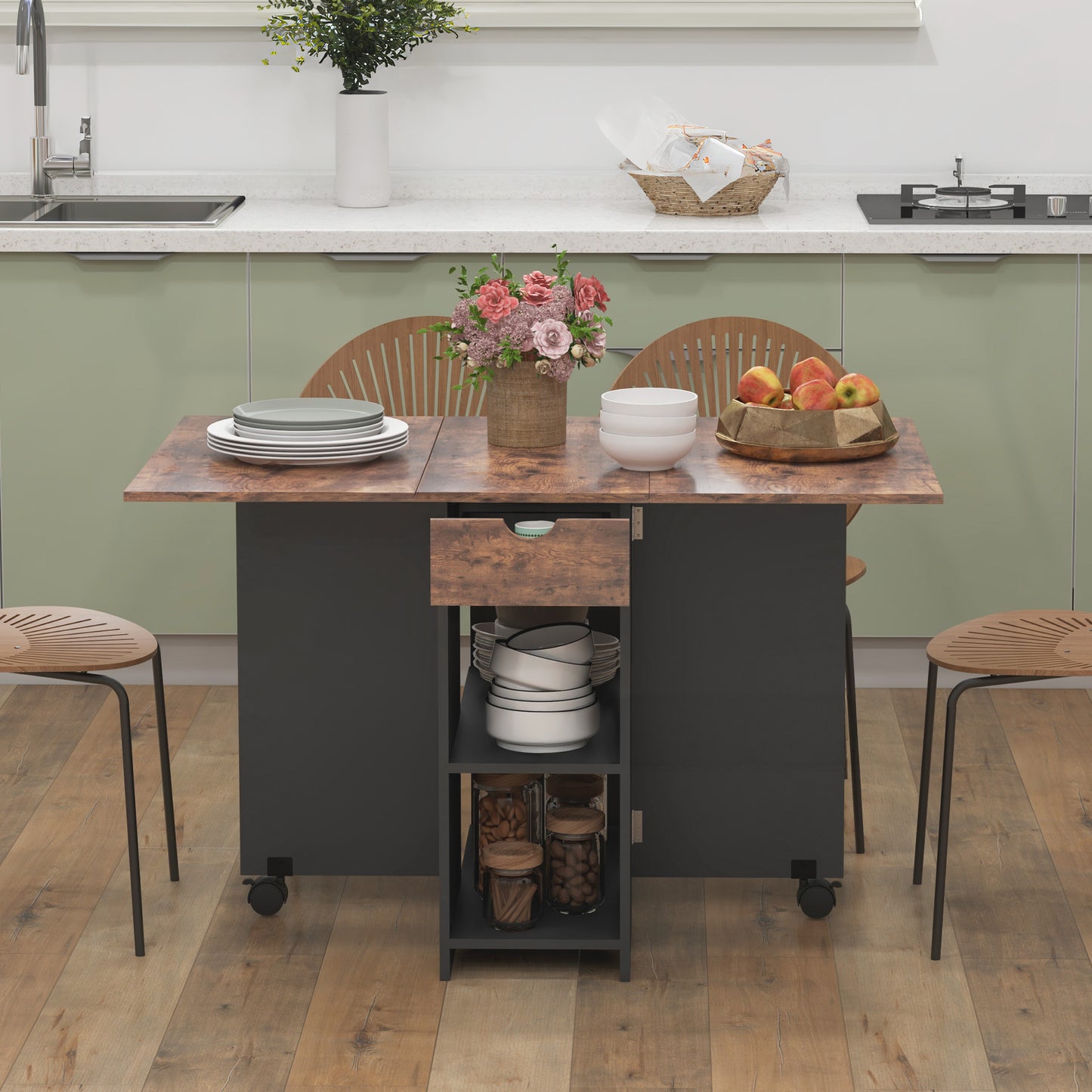 Folding Dining Table with Drawer and Storage Shelves - Rustic Brown