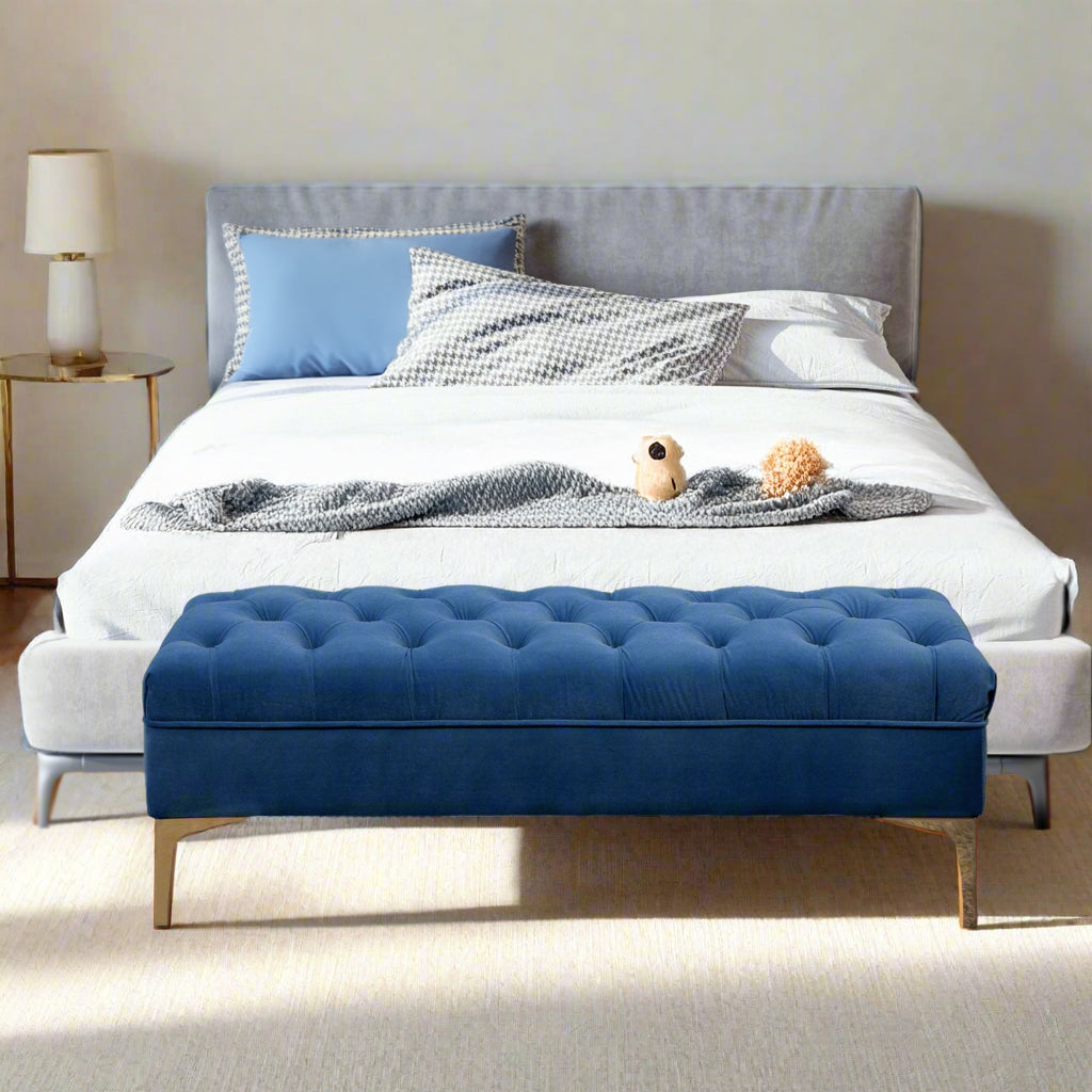 Navy Blue Button-Tufted Bench – Premium Upholstered Seating