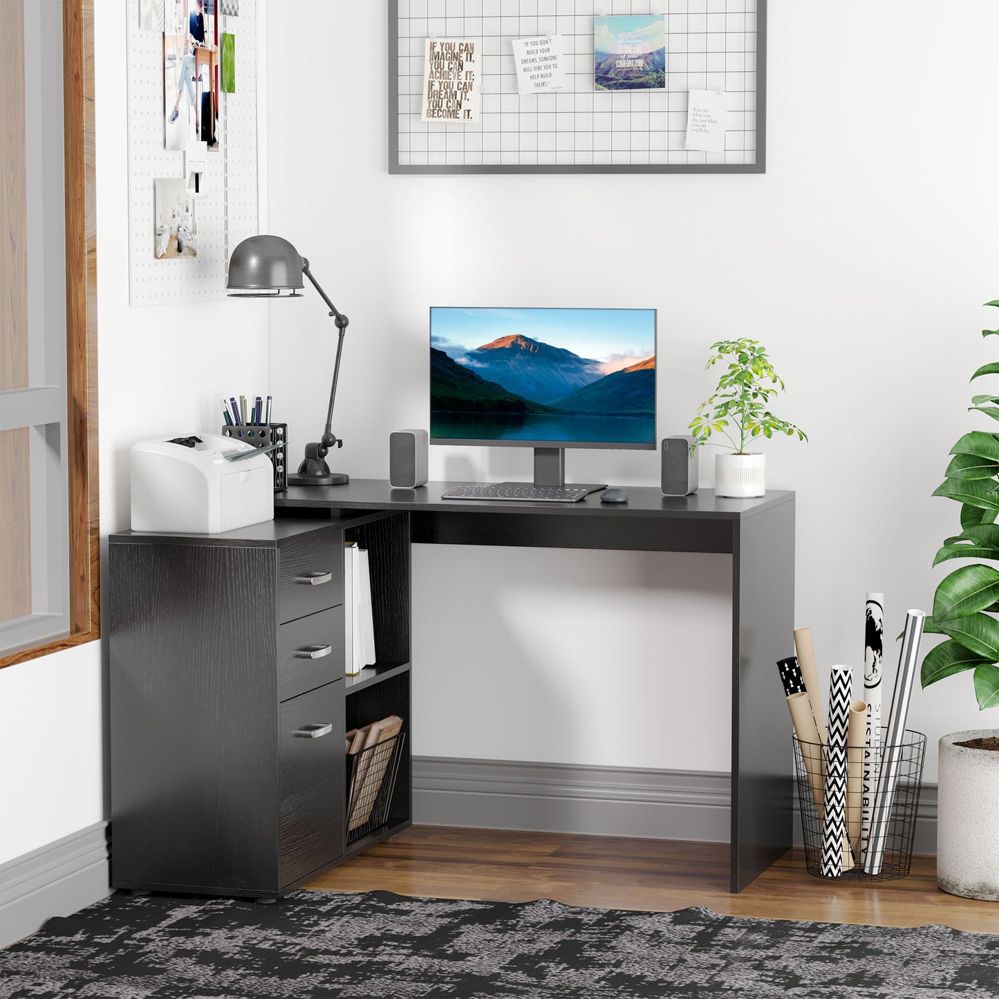 Black L-Shaped Computer Desk with Storage for Home Office