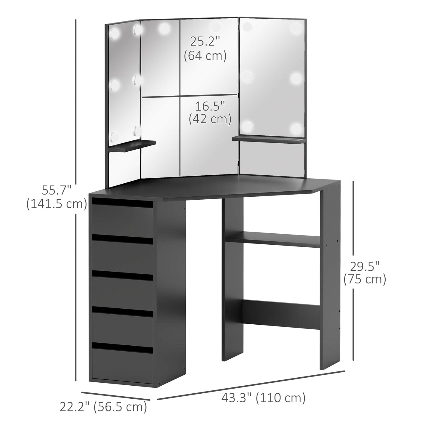 Corner Makeup Vanity with Triple Mirror and LED Lights