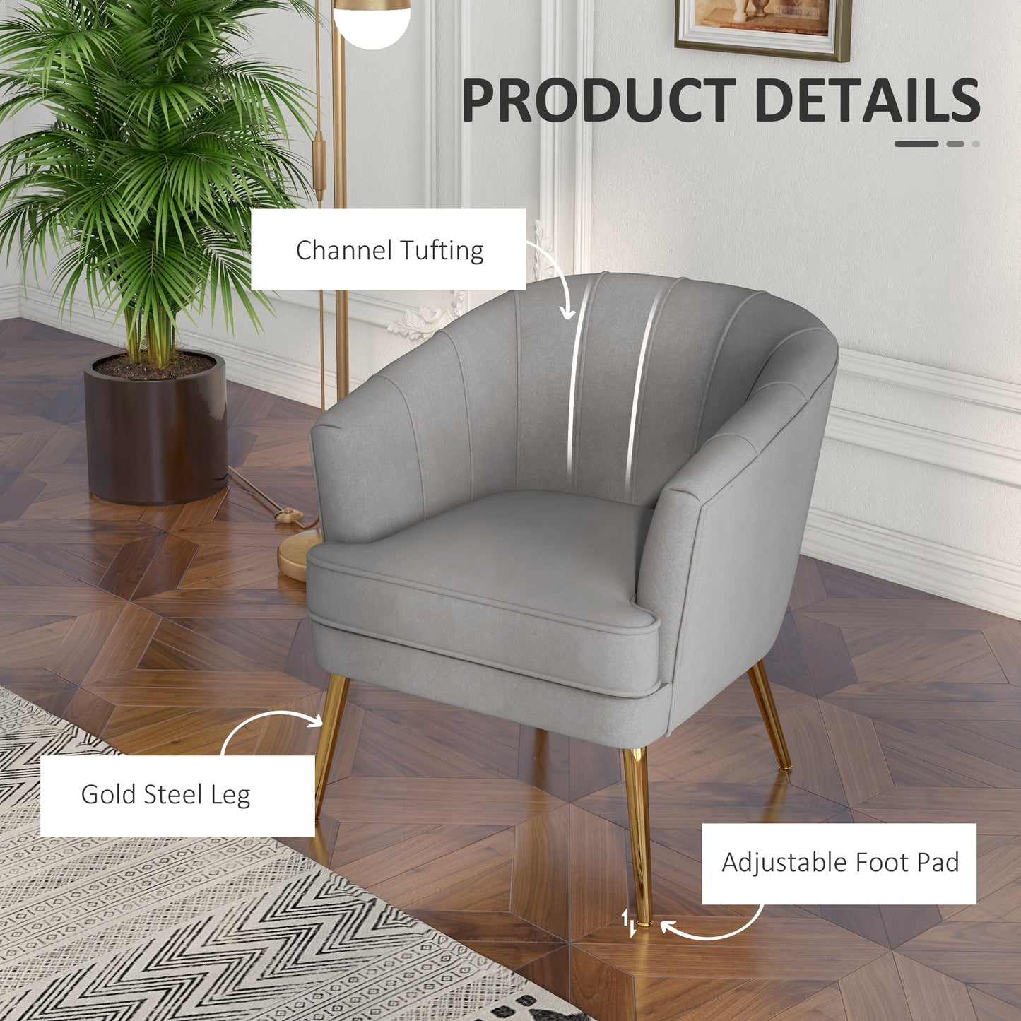 Channel-Tufted Tub Armchair with Velvet Upholstery and Gold Legs, Grey