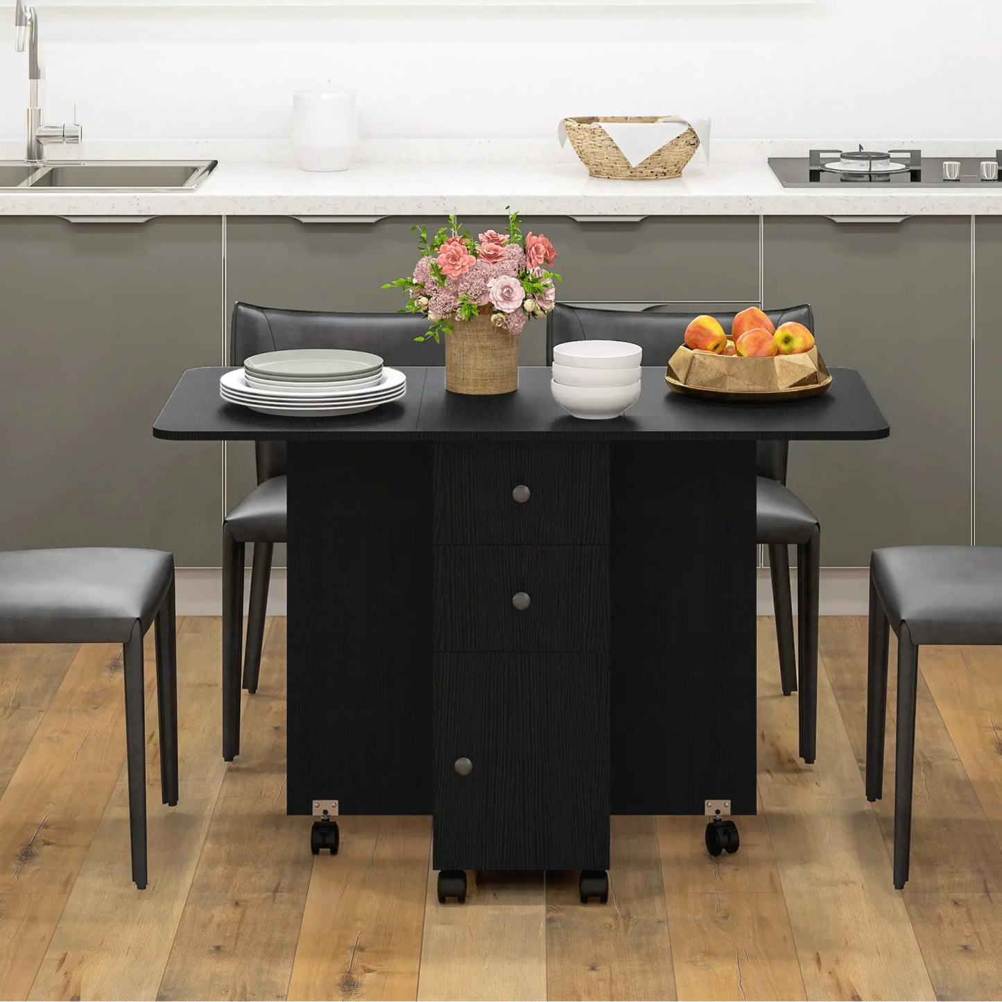 Drop Leaf Dining Table with Drawers and Cabinet - Black