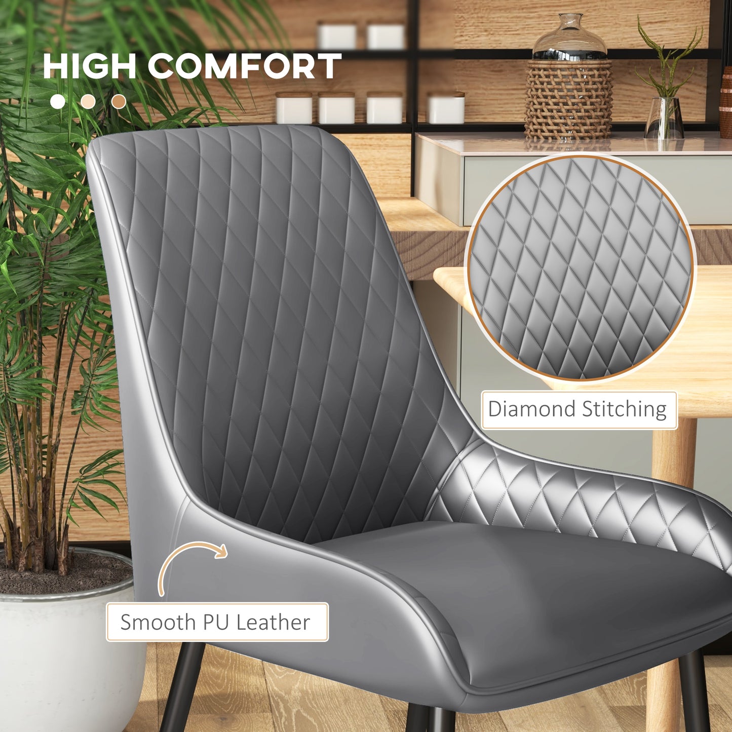 PU Leather Dining Chairs with Diamond Tufting and Metal Legs, Grey (Set of 4)