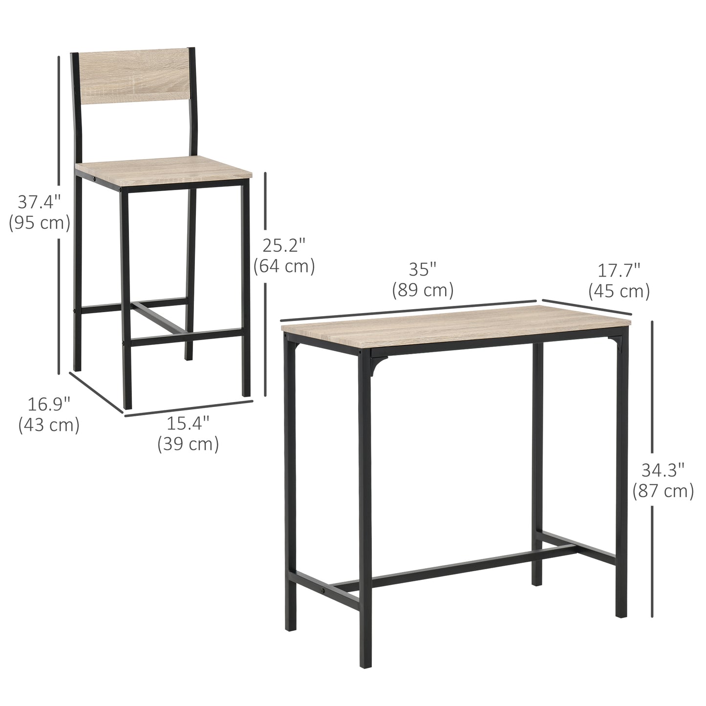 3-Piece Industrial Counter Height Table Set with High Back Stools - Natural Wood