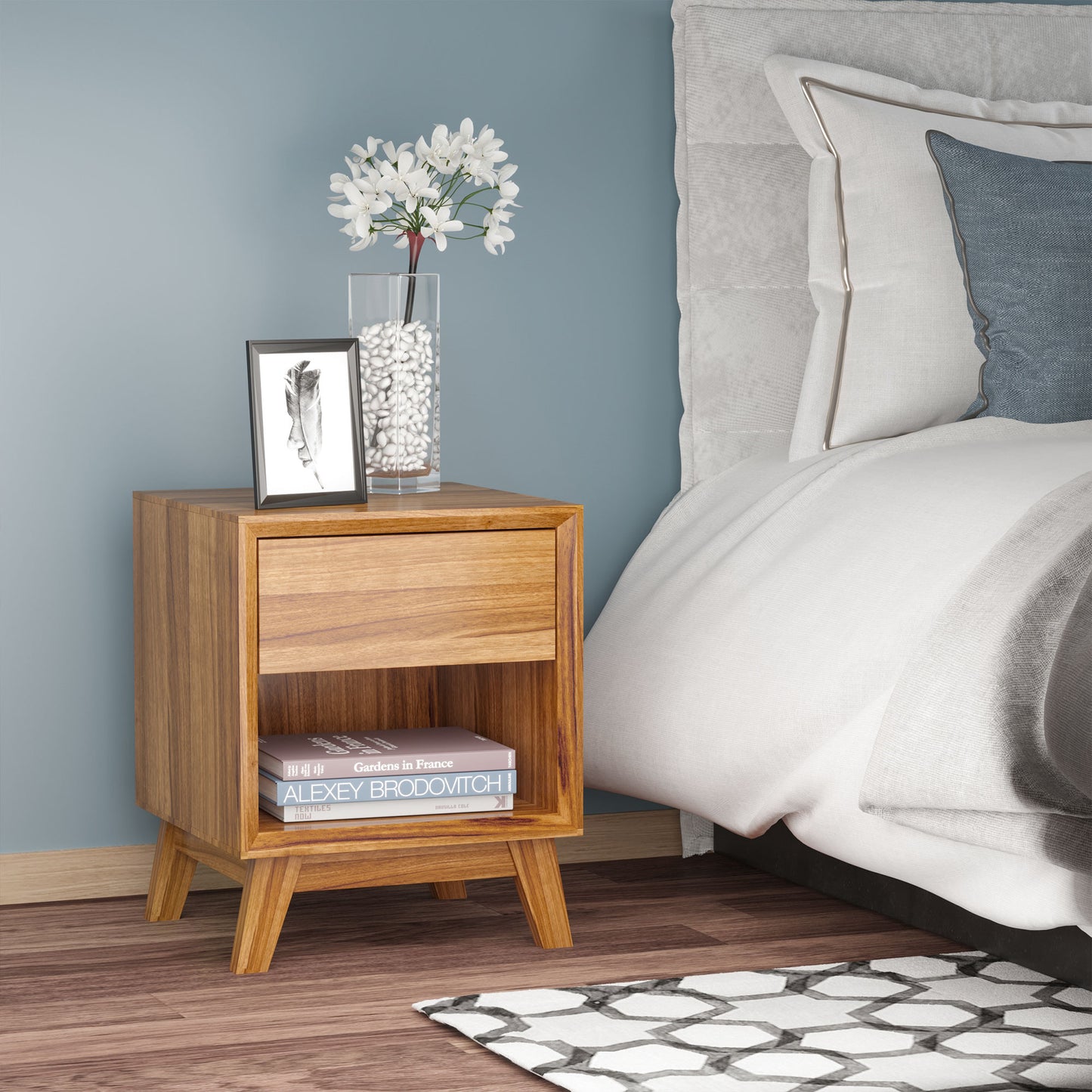Compact Bedside Table with Drawer and Open Shelf, Walnut Brown