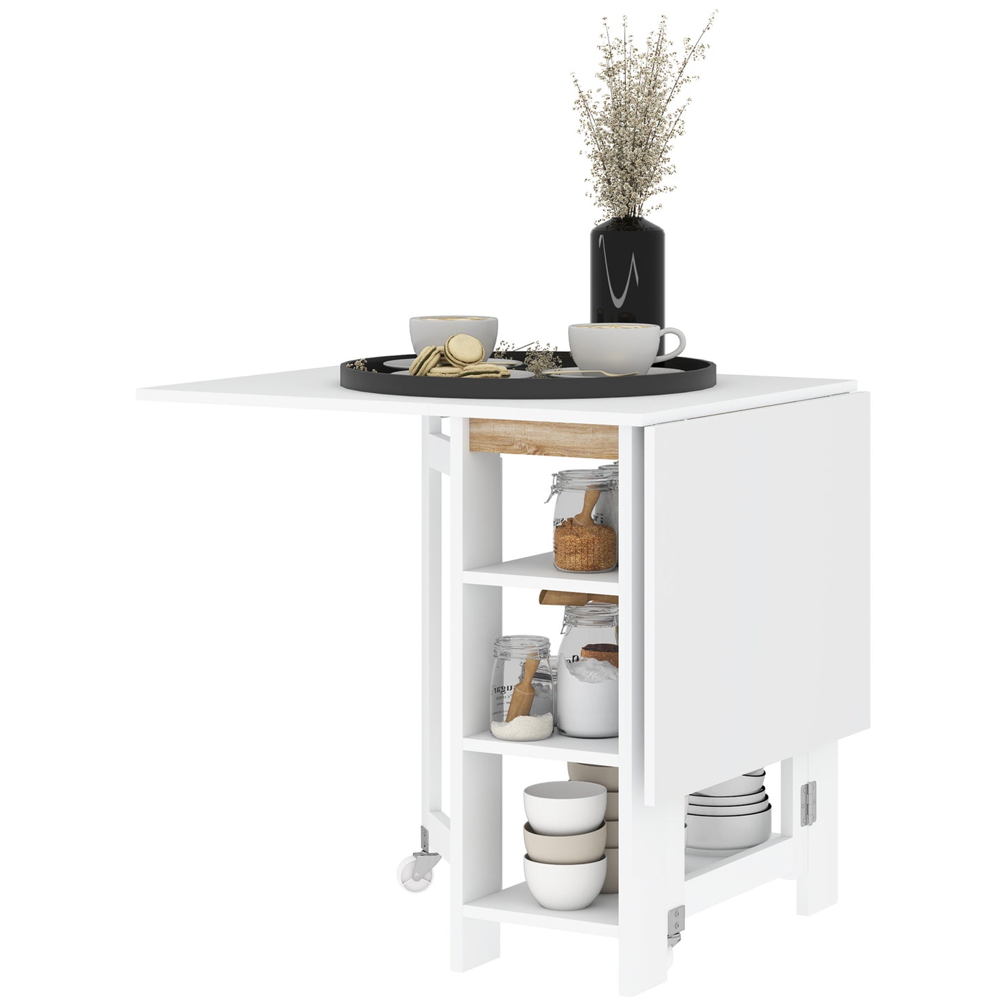 Folding Dining Table with Built-In Storage Shelves - White
