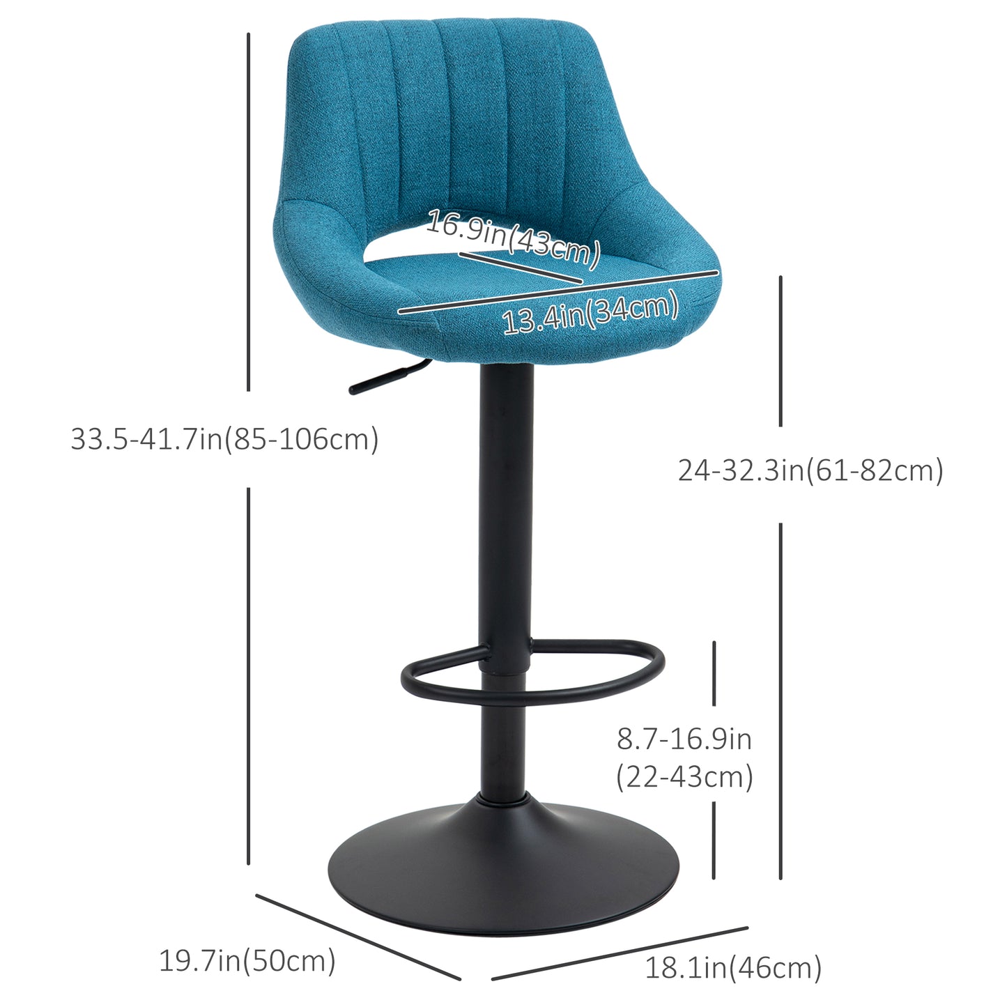 Adjustable Height Swivel Bar Stools with Linen Upholstery, Blue (Set of 2)