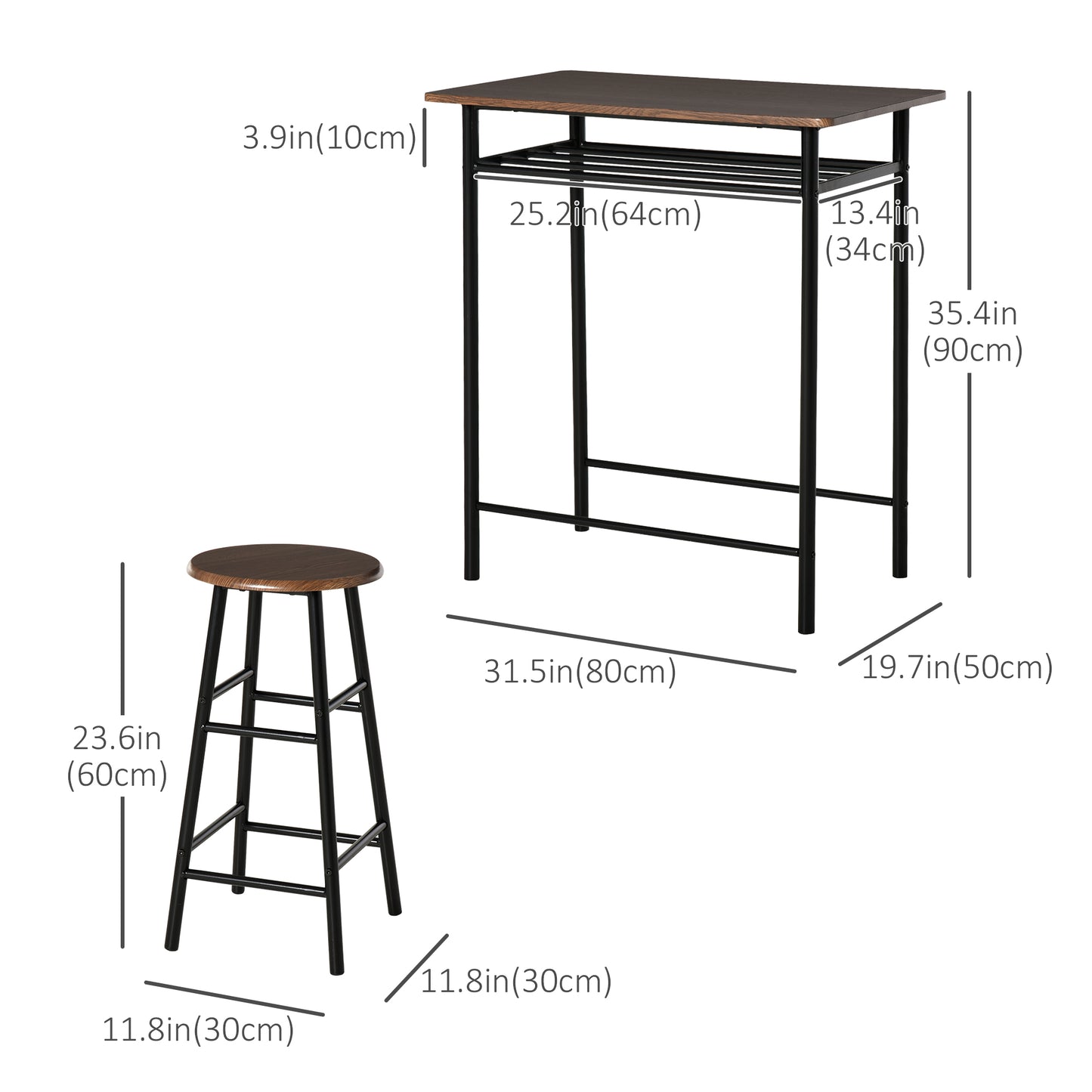3-Piece Bar Height Dining Set with Storage Shelf - Black