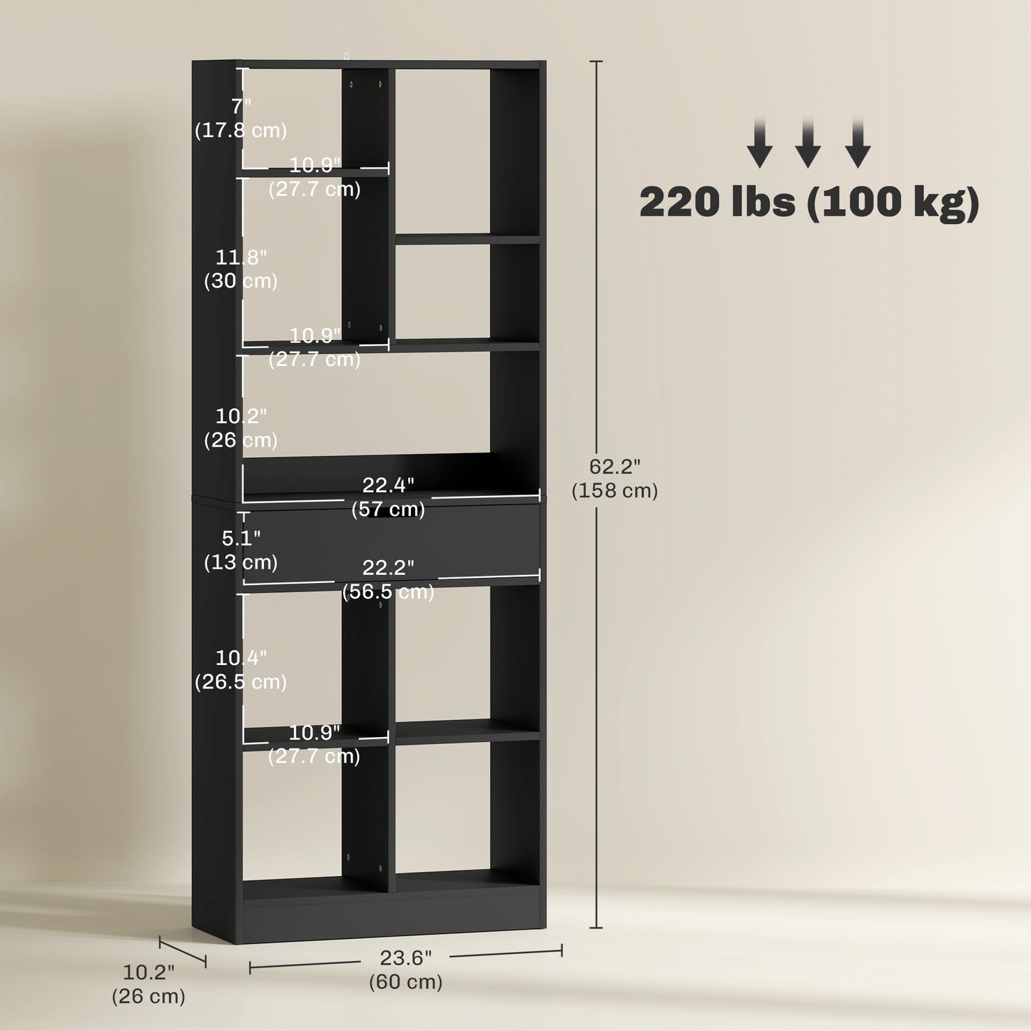 Tall Bookshelf with Drawer and Wide Worktop, Black