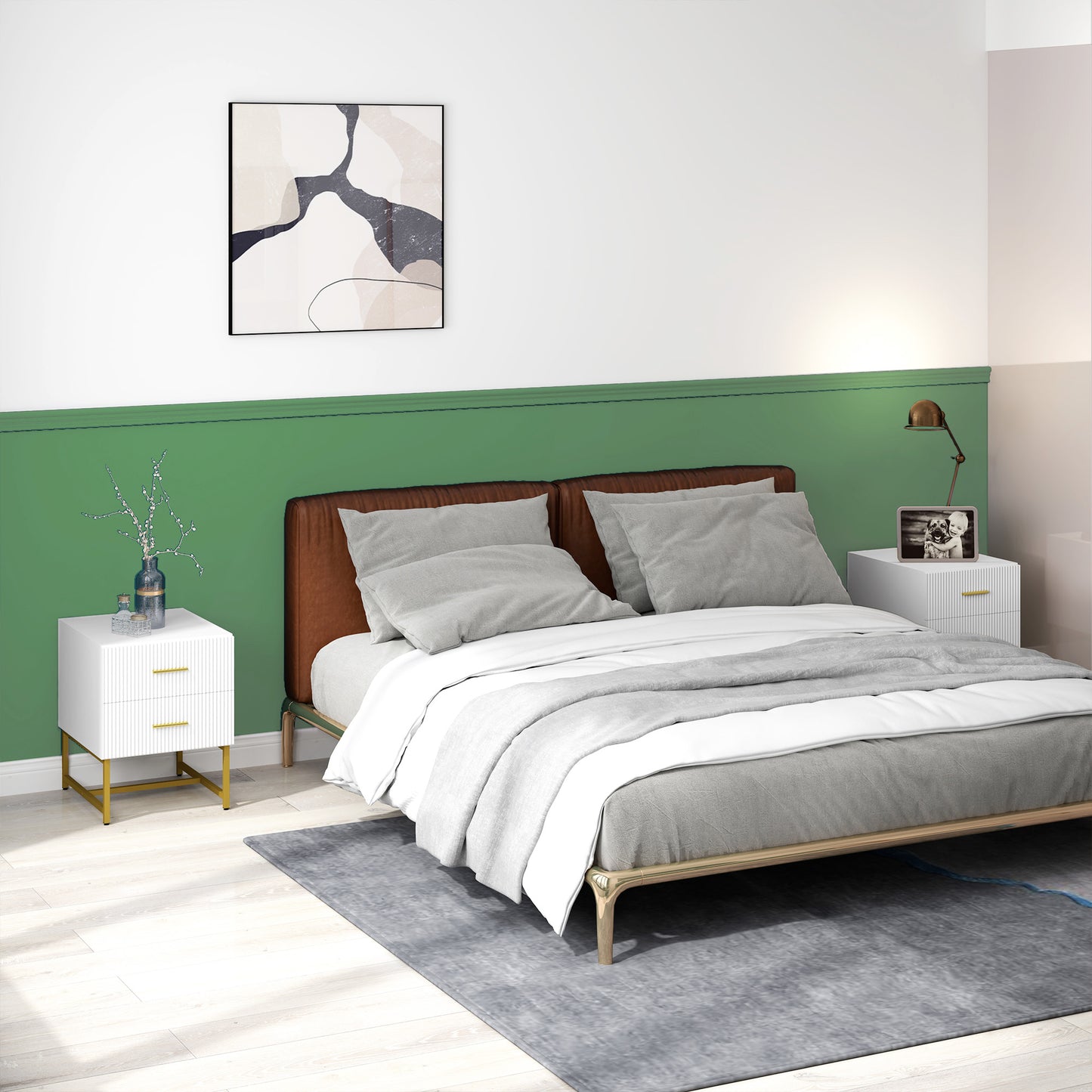 Modern Fluted Nightstands with Gold Legs and 2 Drawers, White (Set of 2)
